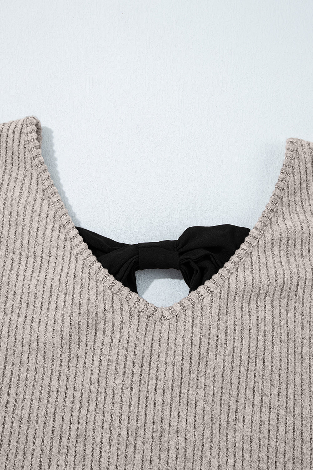 Gray Morn Ribbed Short Sleeve V Neck Colorblock Bow Back Top