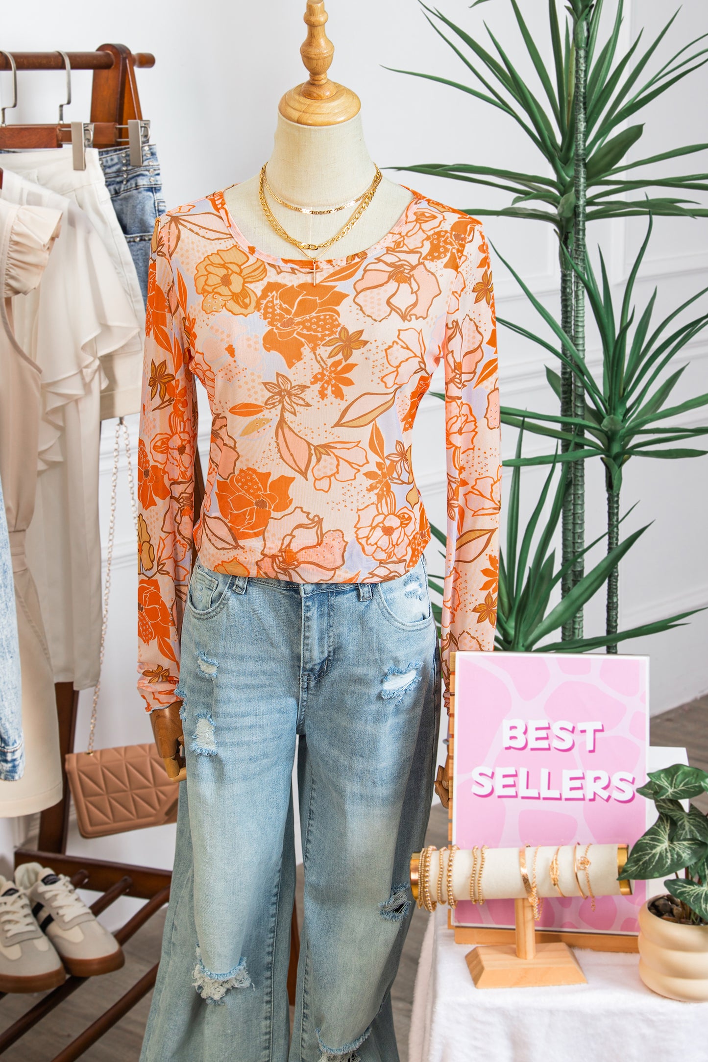 Multicolour Floral Print Lettuce Trim Slim Long Sleeve Top