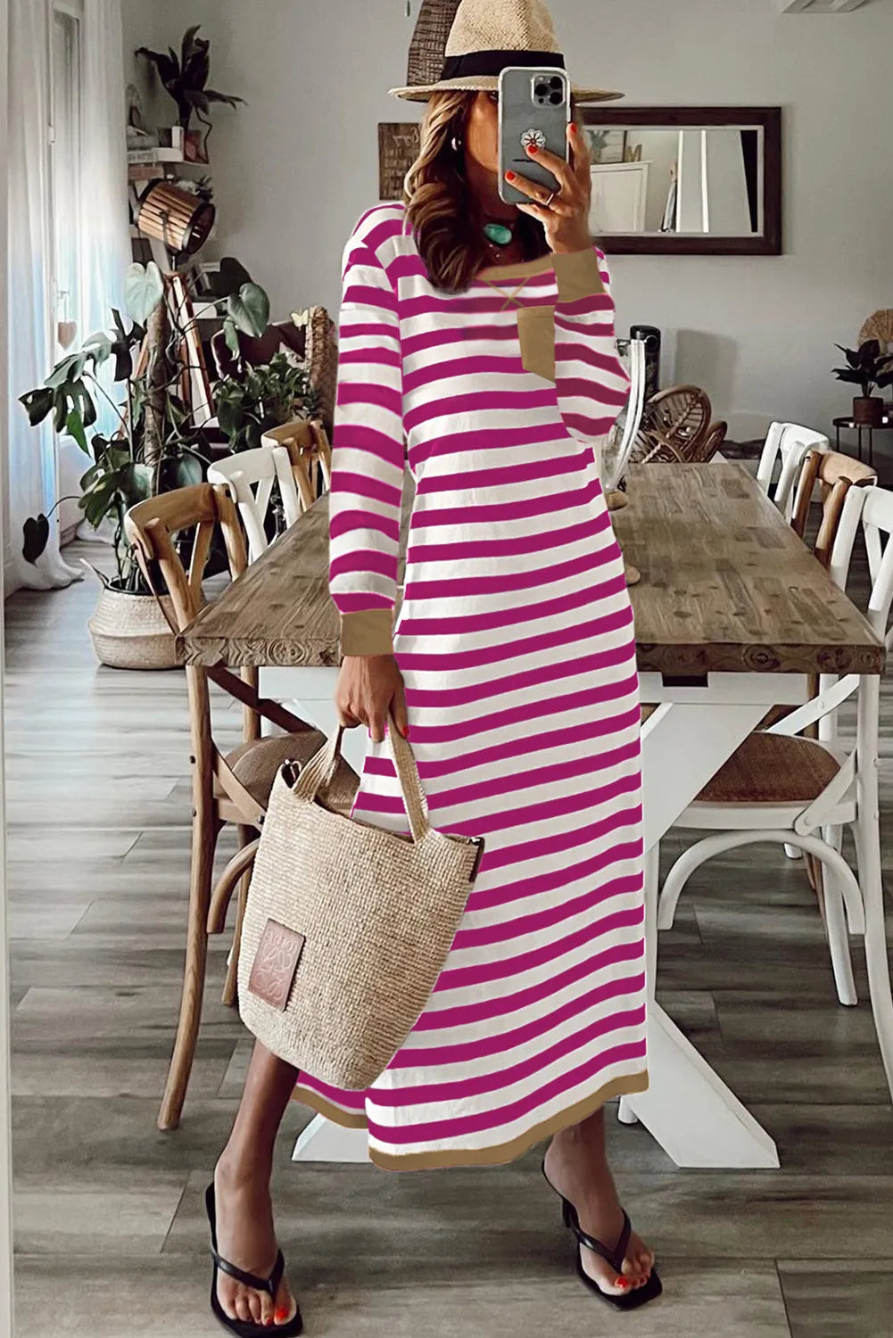 Striped Print Contrast Edge Long Sleeve Midi Dress with Side Splits