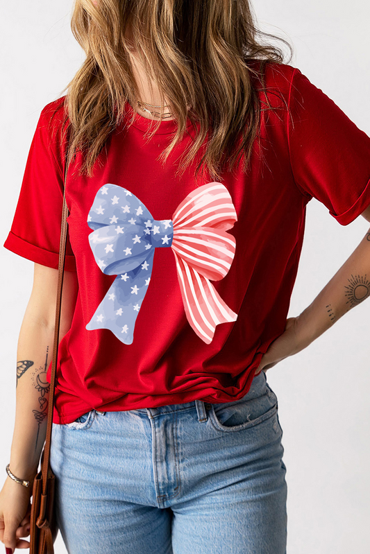 Red Stars and Stripes Bow Print Independence Day T Shirt