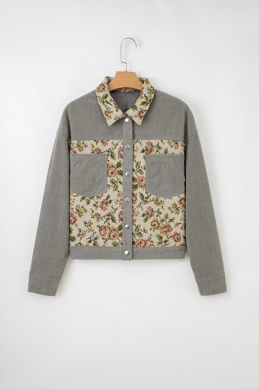 Sage Green Ribbed Retro Floral Patchwork Shirt Style Jacket