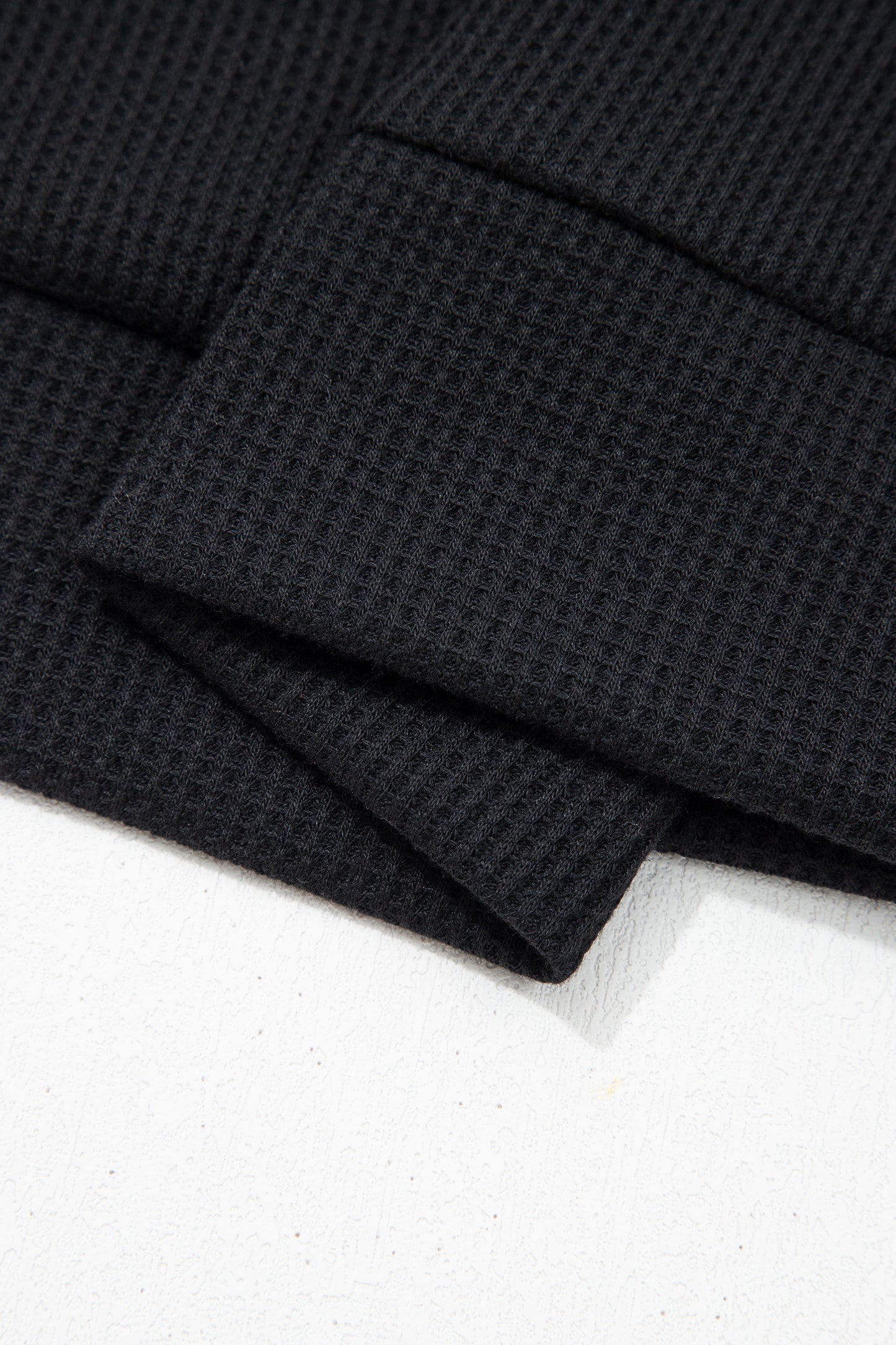 Black Waffle Knit Denim Contrast Trim Patchwork Button Polo Collar Top