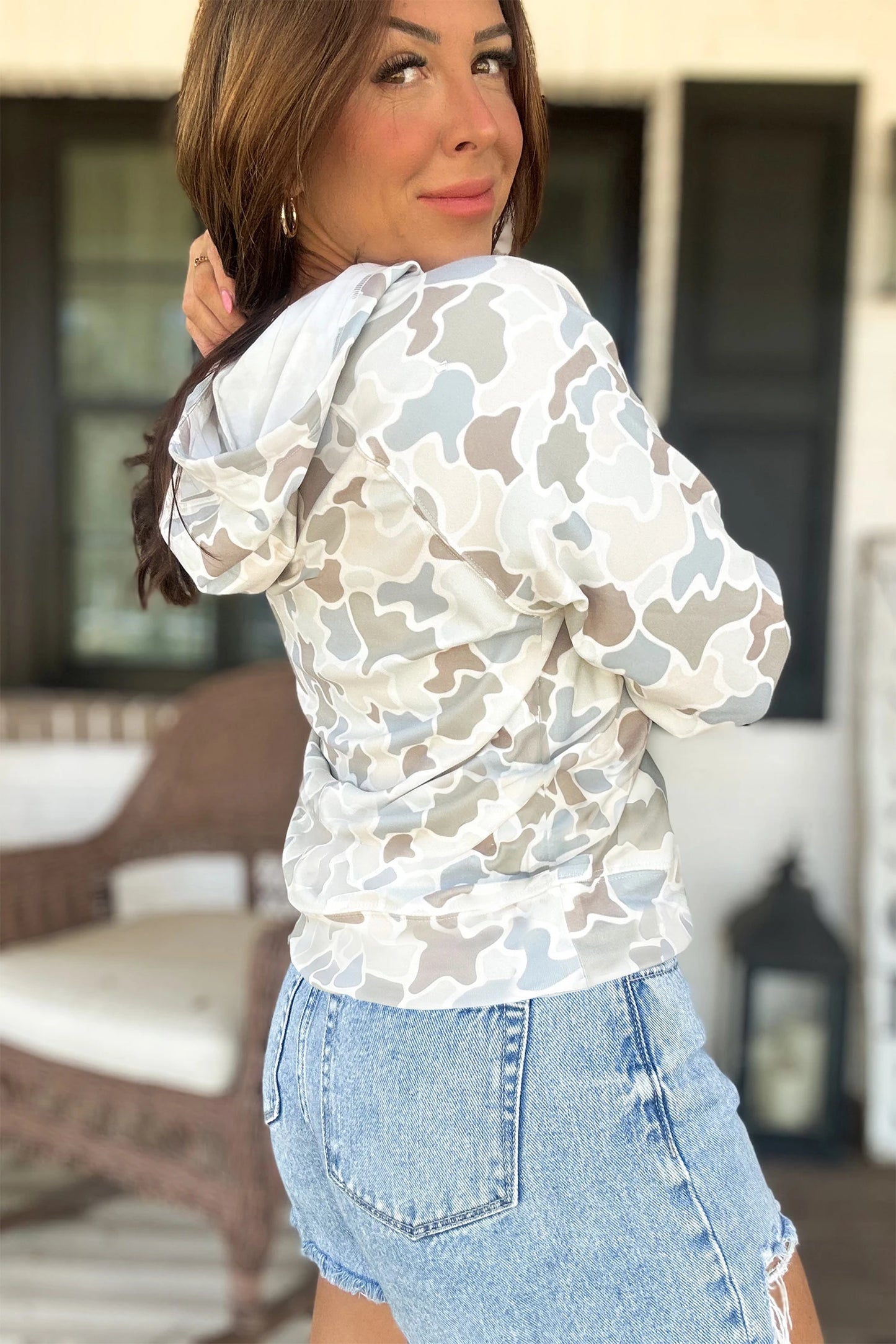 Camouflage Print Long Sleeve Hooded Pullover Casual Top
