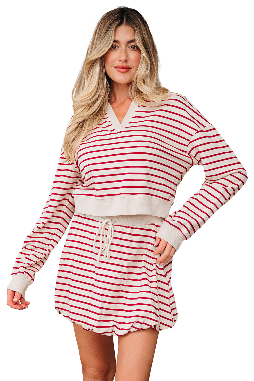 Red Stripe Cropped Collared Drop Shoulder Pullover and Bubble Mini Skirt Set