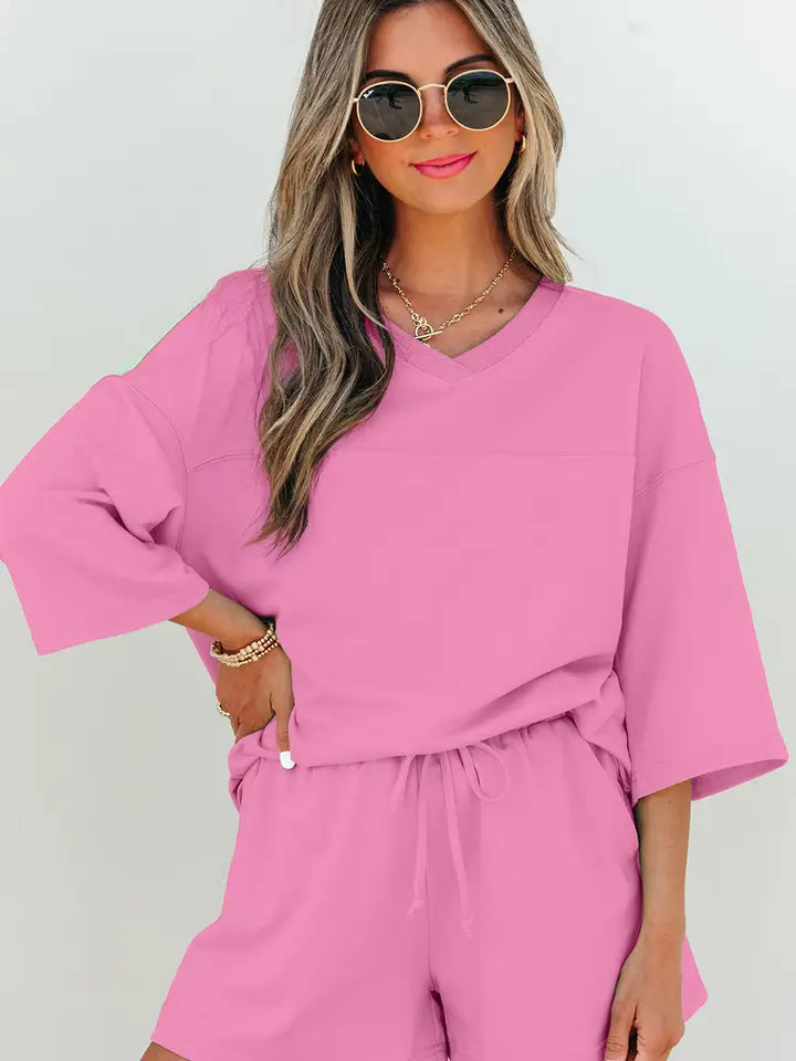 Meadow Mist Green Solid Loose V Neck Half Sleeve Tee and Shorts