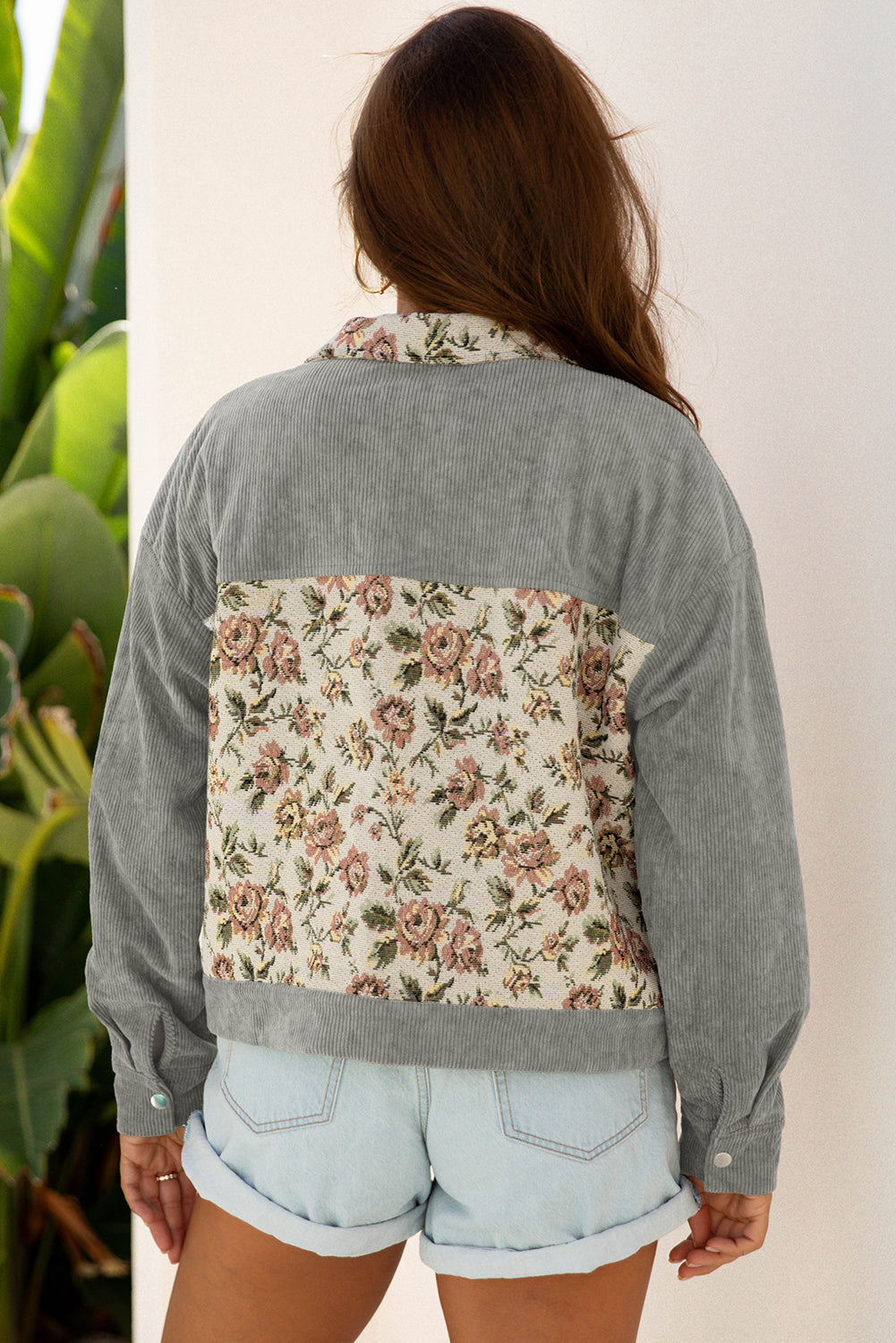 Sage Green Ribbed Retro Floral Patchwork Shirt Style Jacket
