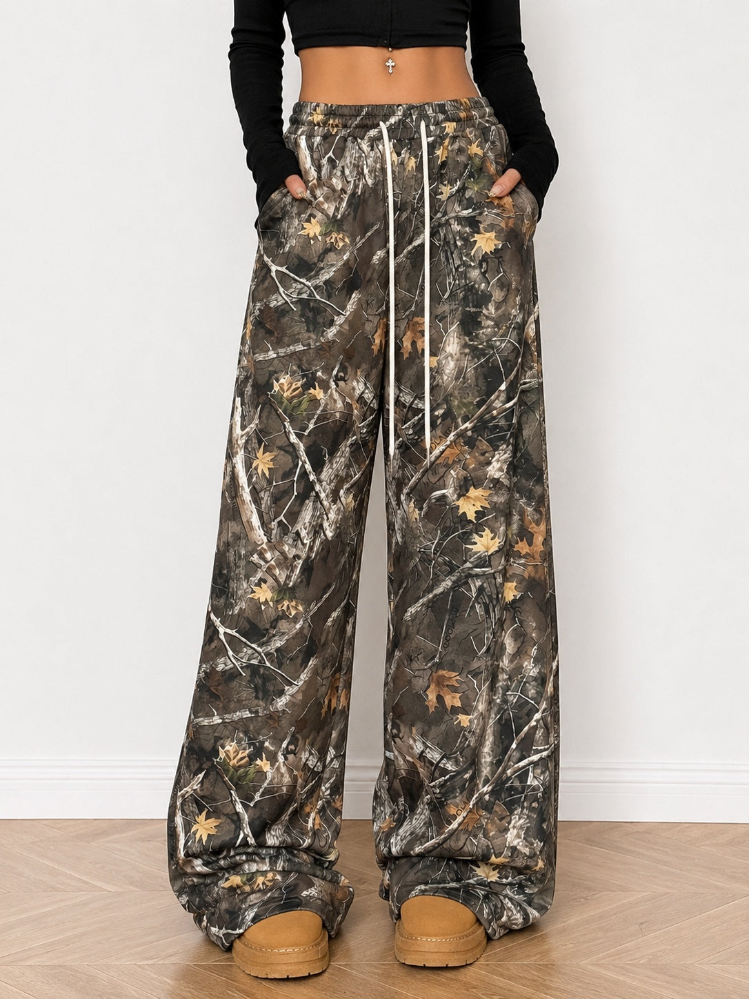 Abstract Branch Print Wide Leg Pants