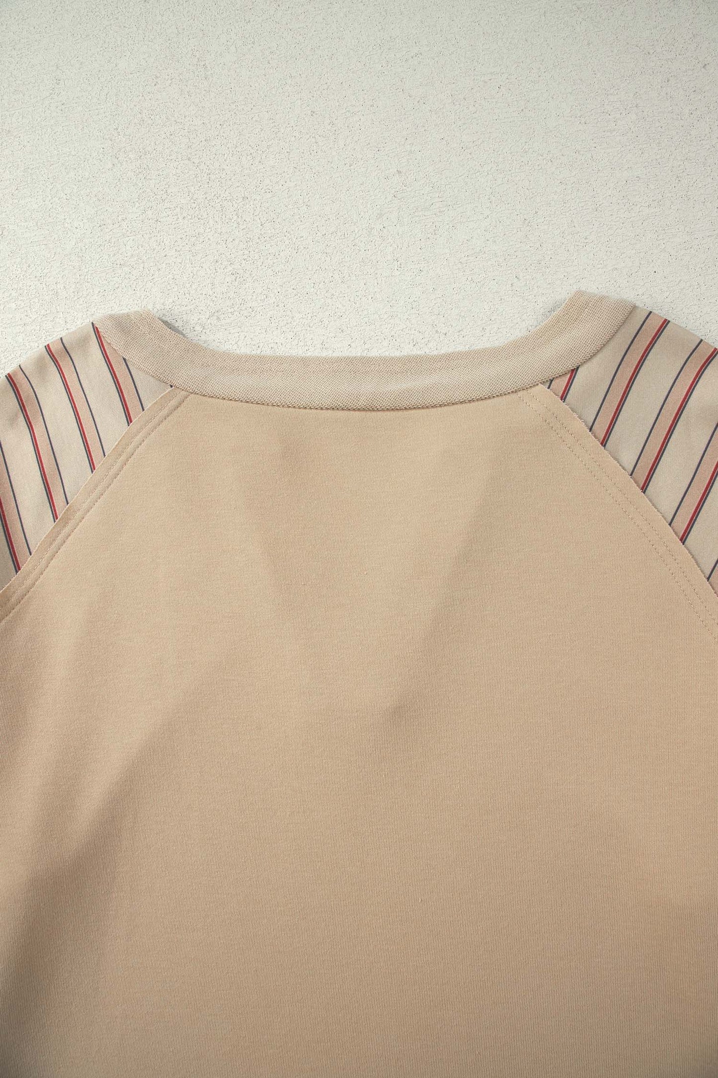 Parchment Striped Raglan Sleeve Notched Neck Raw Edge Plus Size Jumper