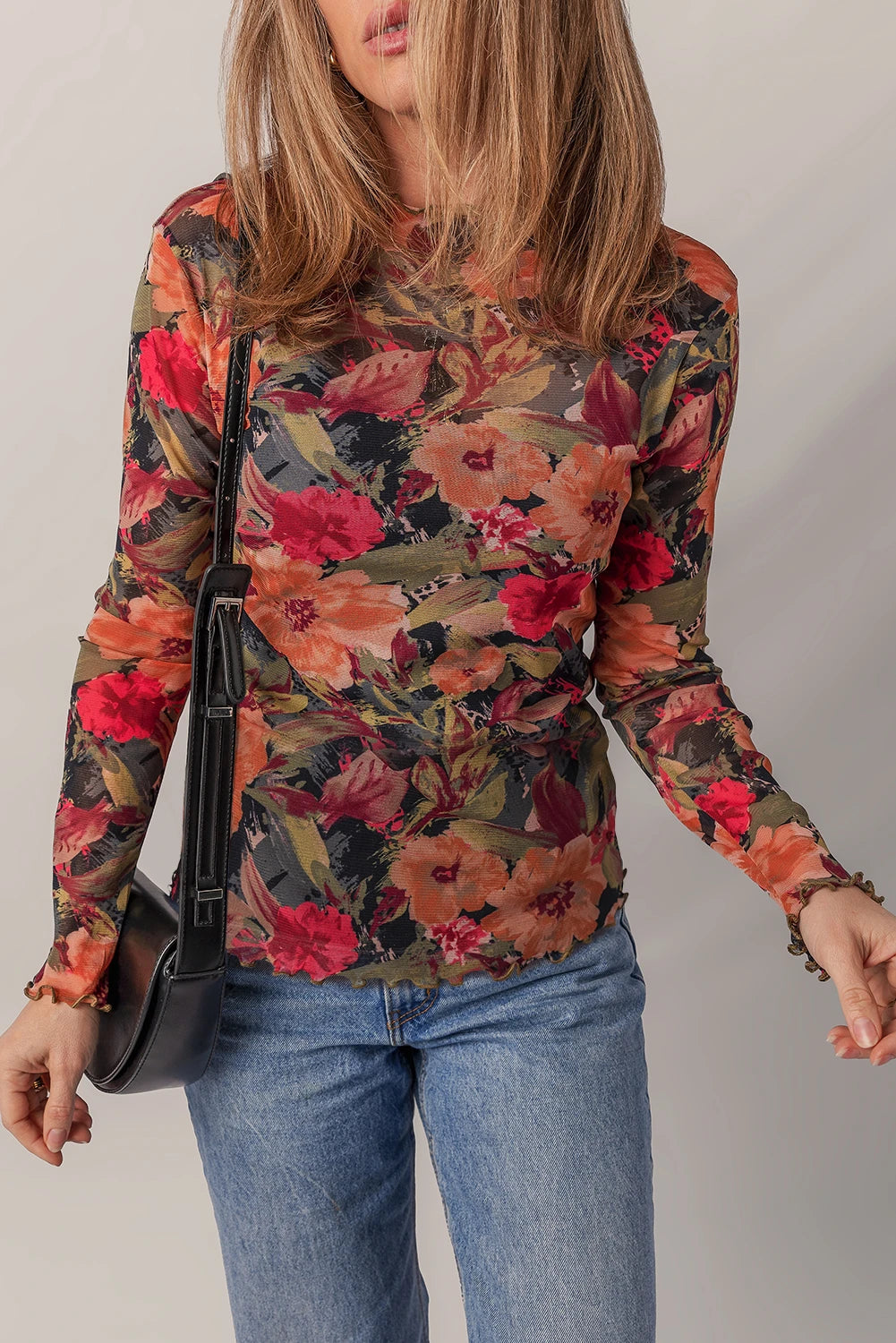 Multicolour Floral Print Lettuce Trim Long Sleeve Mesh Top