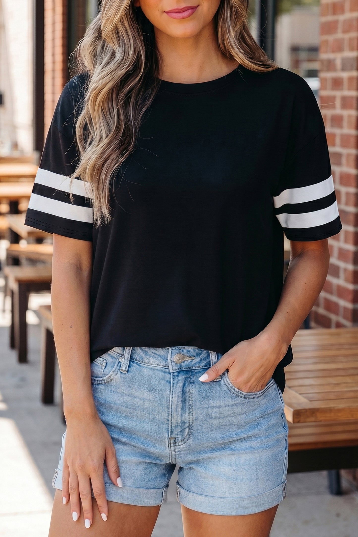 Fiery Red Varsity Striped Short Sleeve Crew Neck T Shirt
