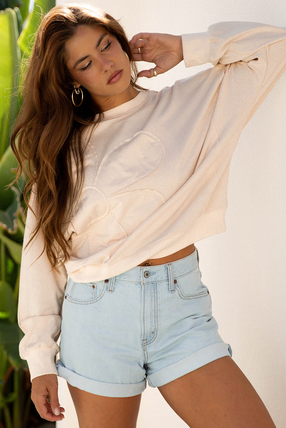 Smoke Green Raw Edge Flower Patch Drop Shoulder Casual Top