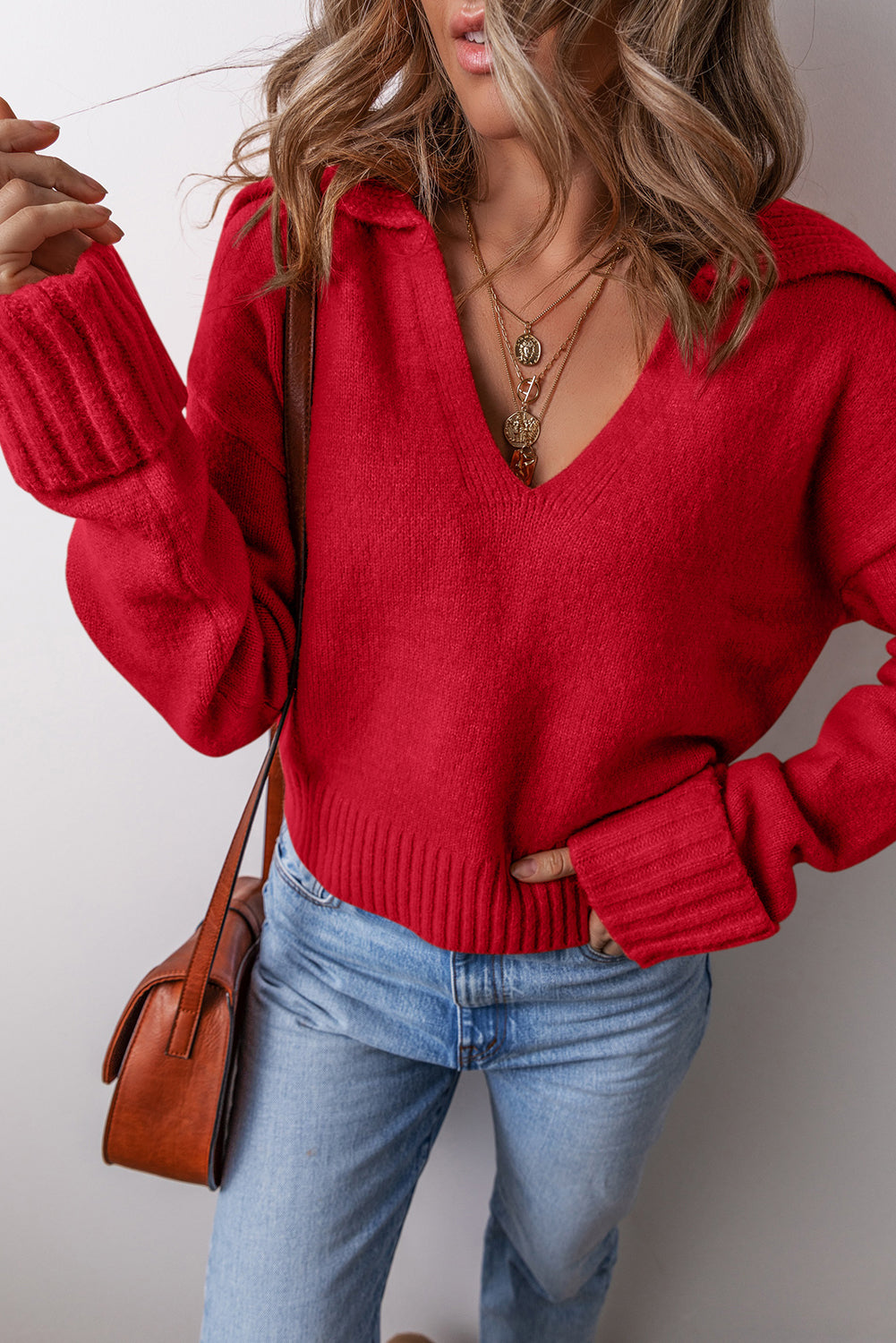 Flamingo Collared V Neck Ribbed Edge Sexy Elegant Sweater