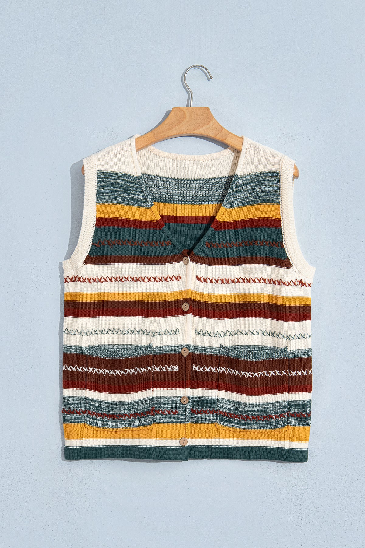 Multicolour Striped Button Front Sleeveless Knit Regular Fit Sweater Vest