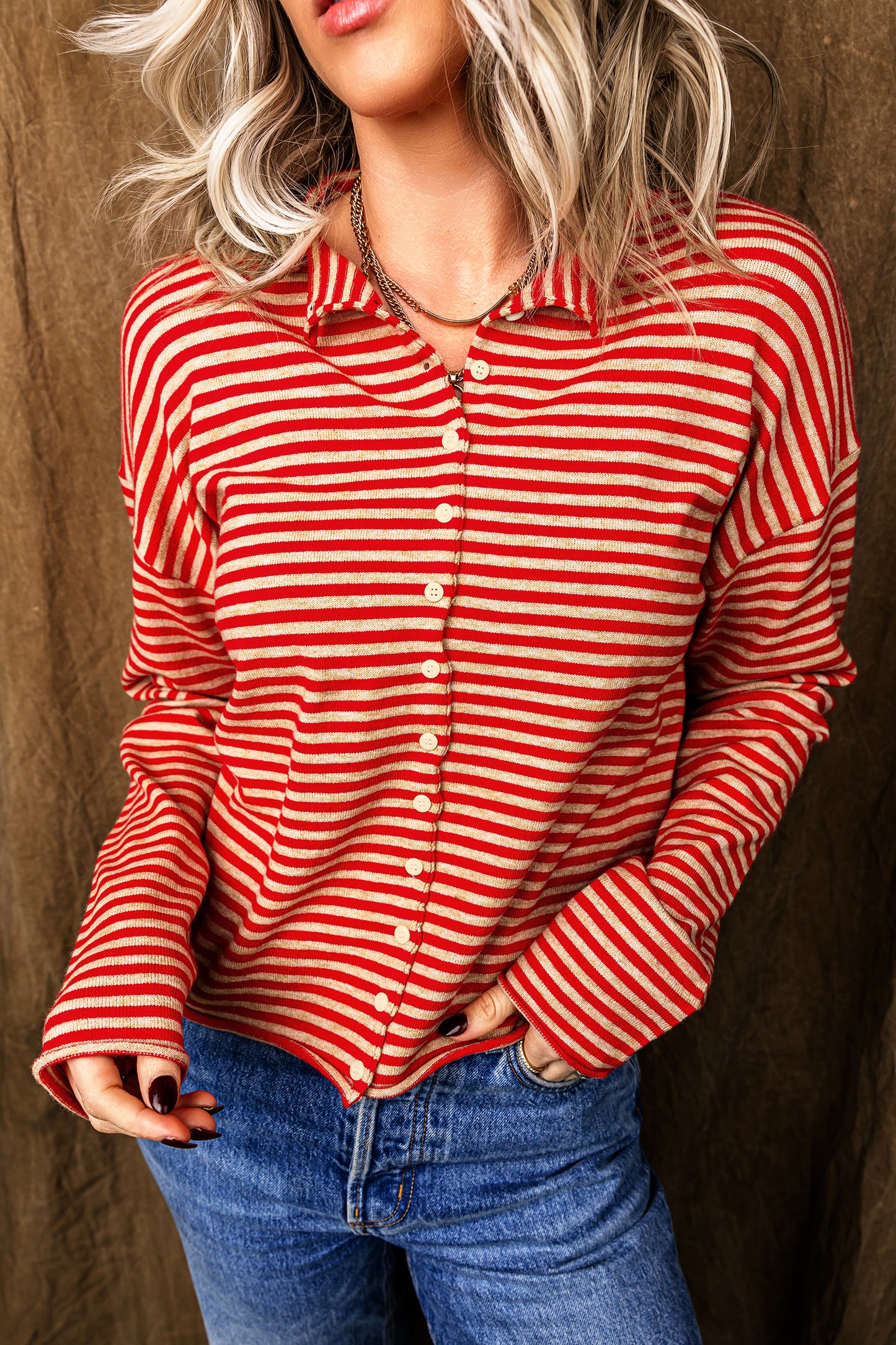 Red Stripe Striped Button Collar Long Sleeve Knit Cardigan