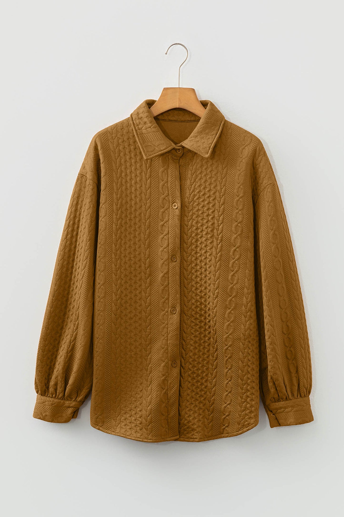 Blackish Green Cable Texture Puff Sleeve Loose Shacket