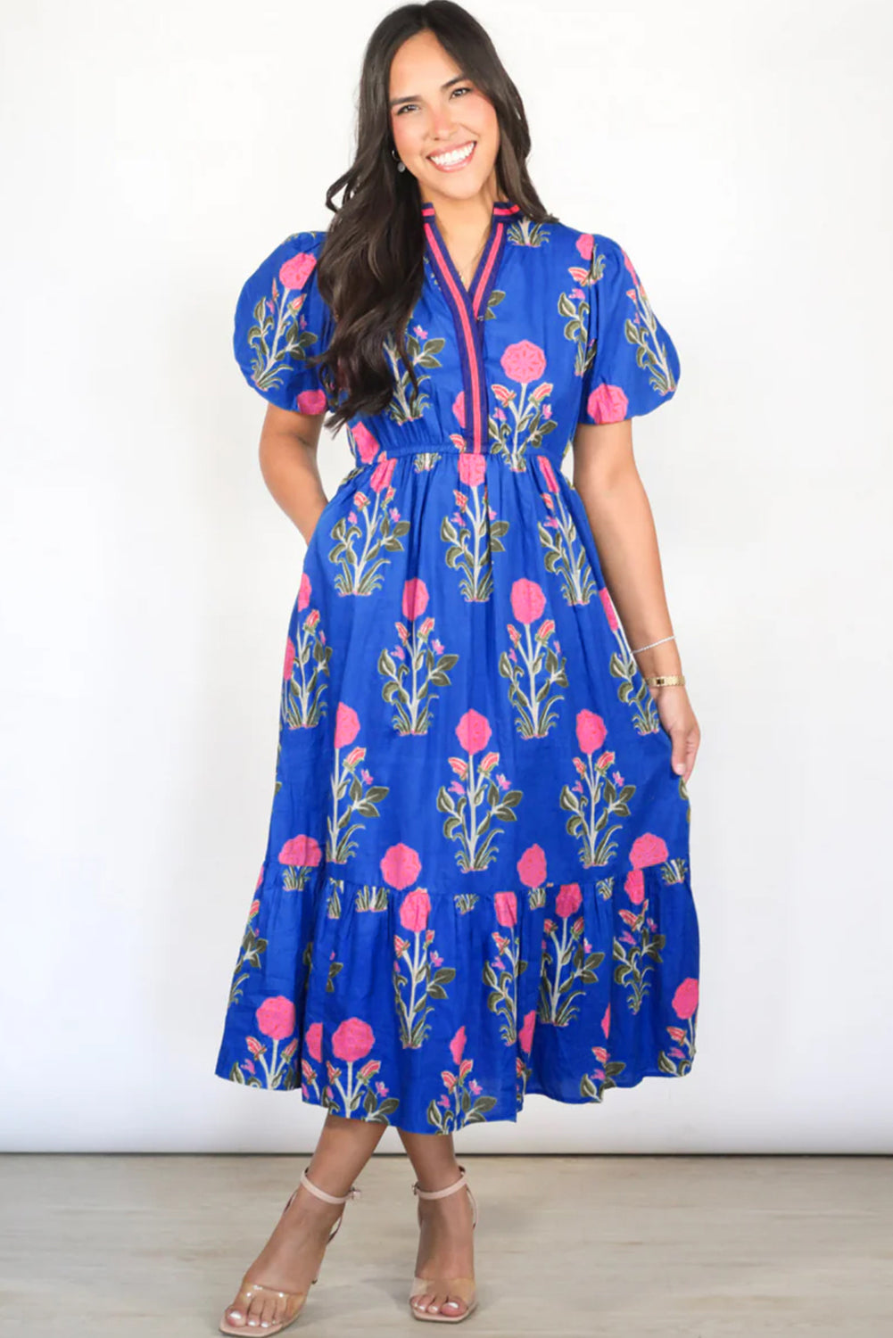 Sky Blue Floral Puff Short Sleeve V Neck High Waist Maxi Dress