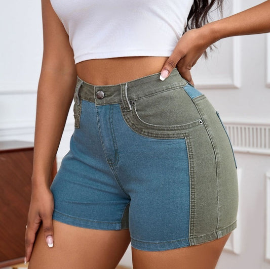 Splicing mid-waist stretch denim shorts women