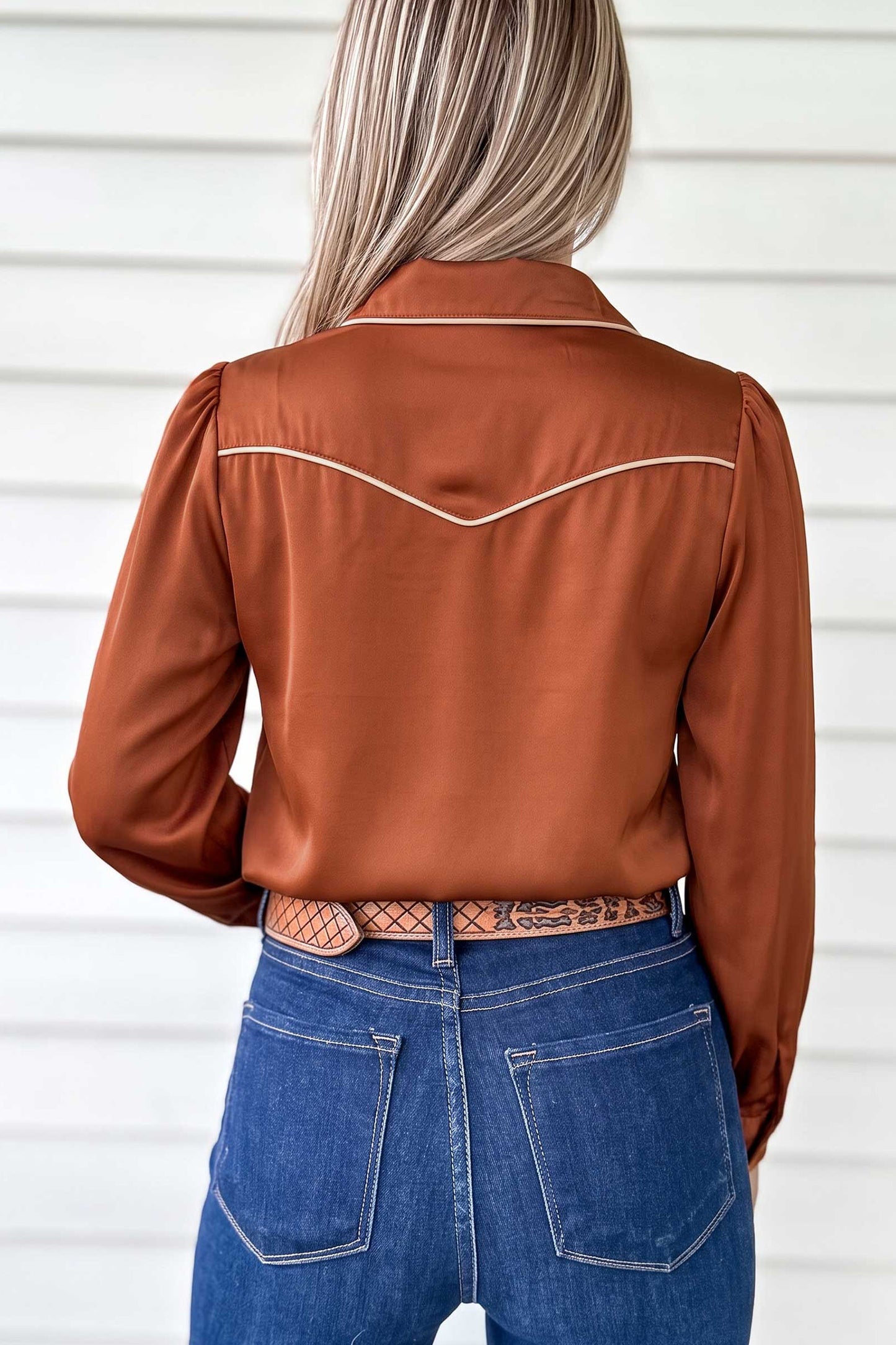Cinnamon Silky Long Sleeve Button Front Western Fashion Shirt