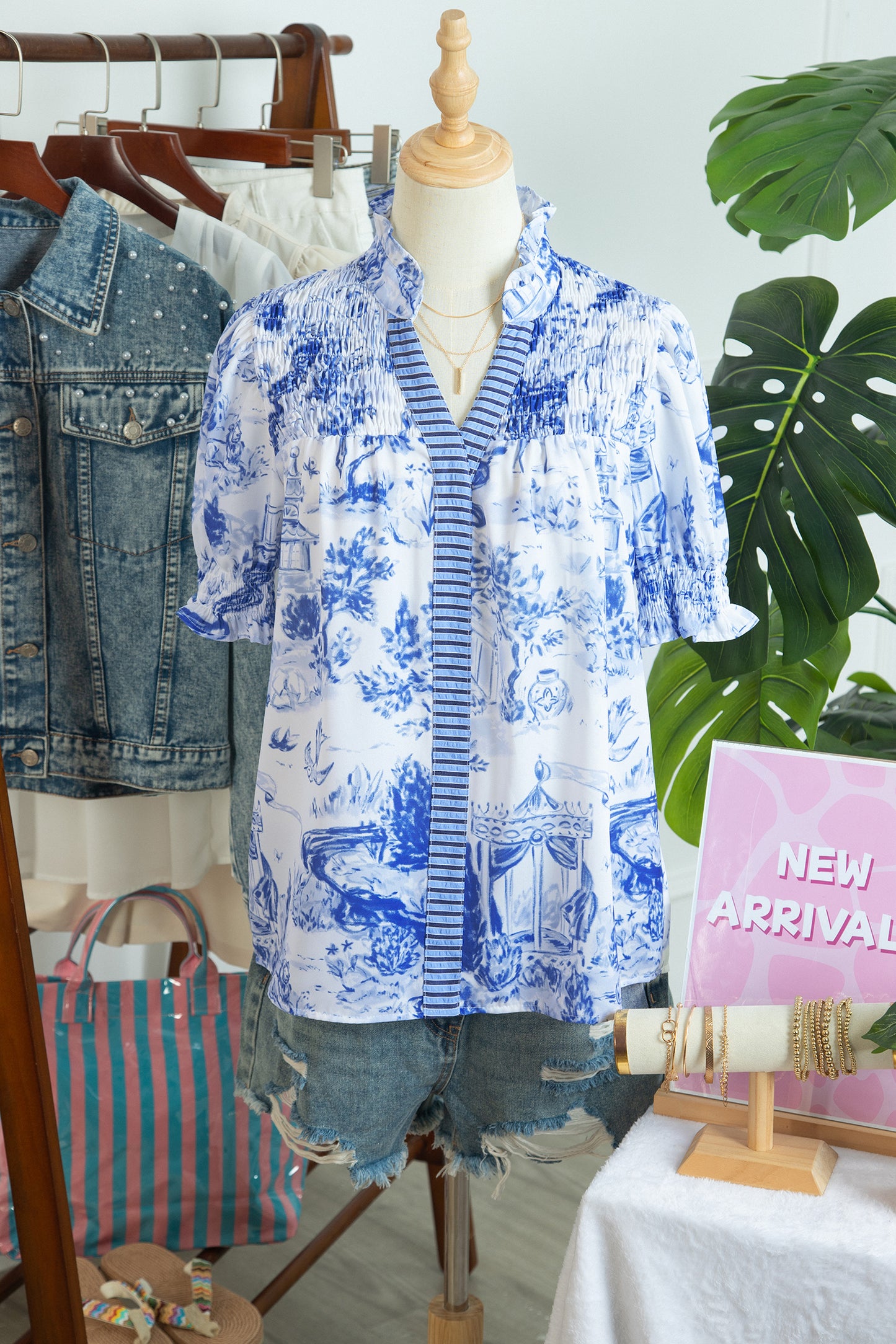 Striped Polyester Blouse Abstract Shift Short Sleeve