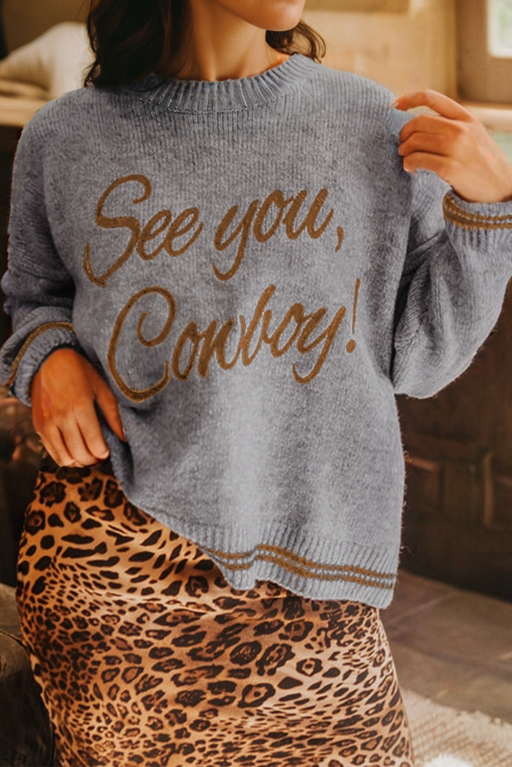White See You Cowboy Embroidered Western Graphic Sweater