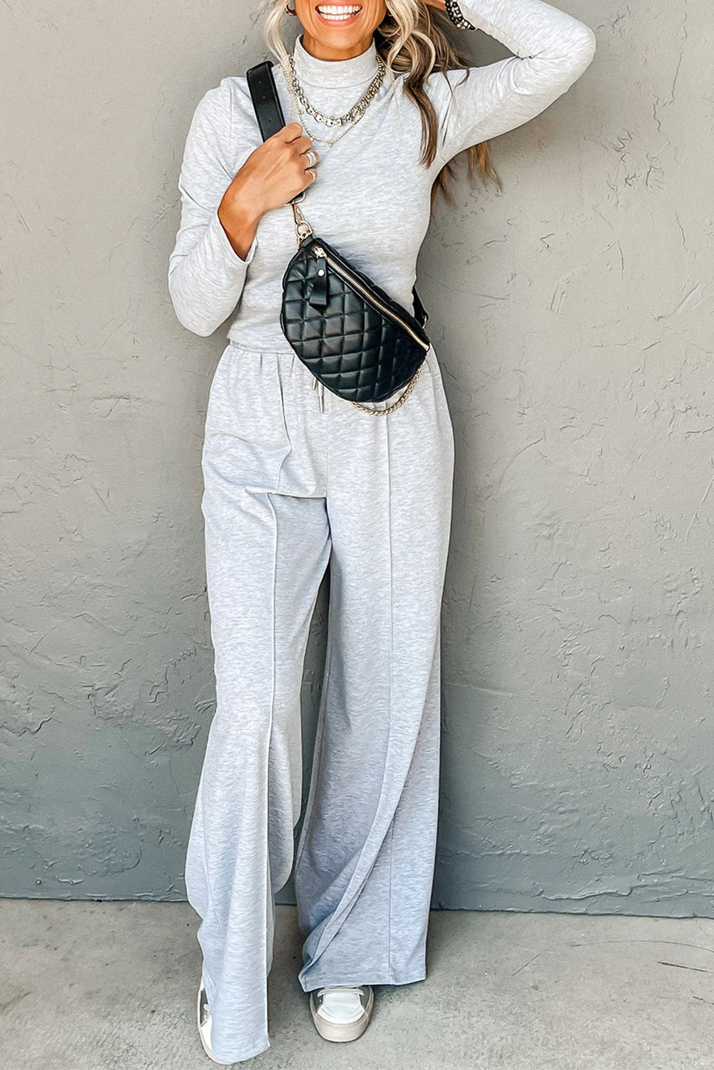 Light Grey Long Sleeve High Neck Slim Top Smocked Waist Central Seam Pants Set