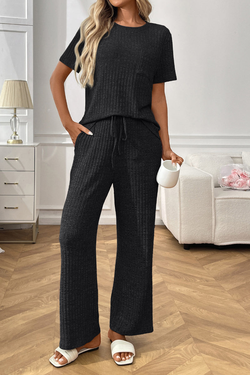 Ribbed Knit Lounge Set with Short Sleeve Top and Pants