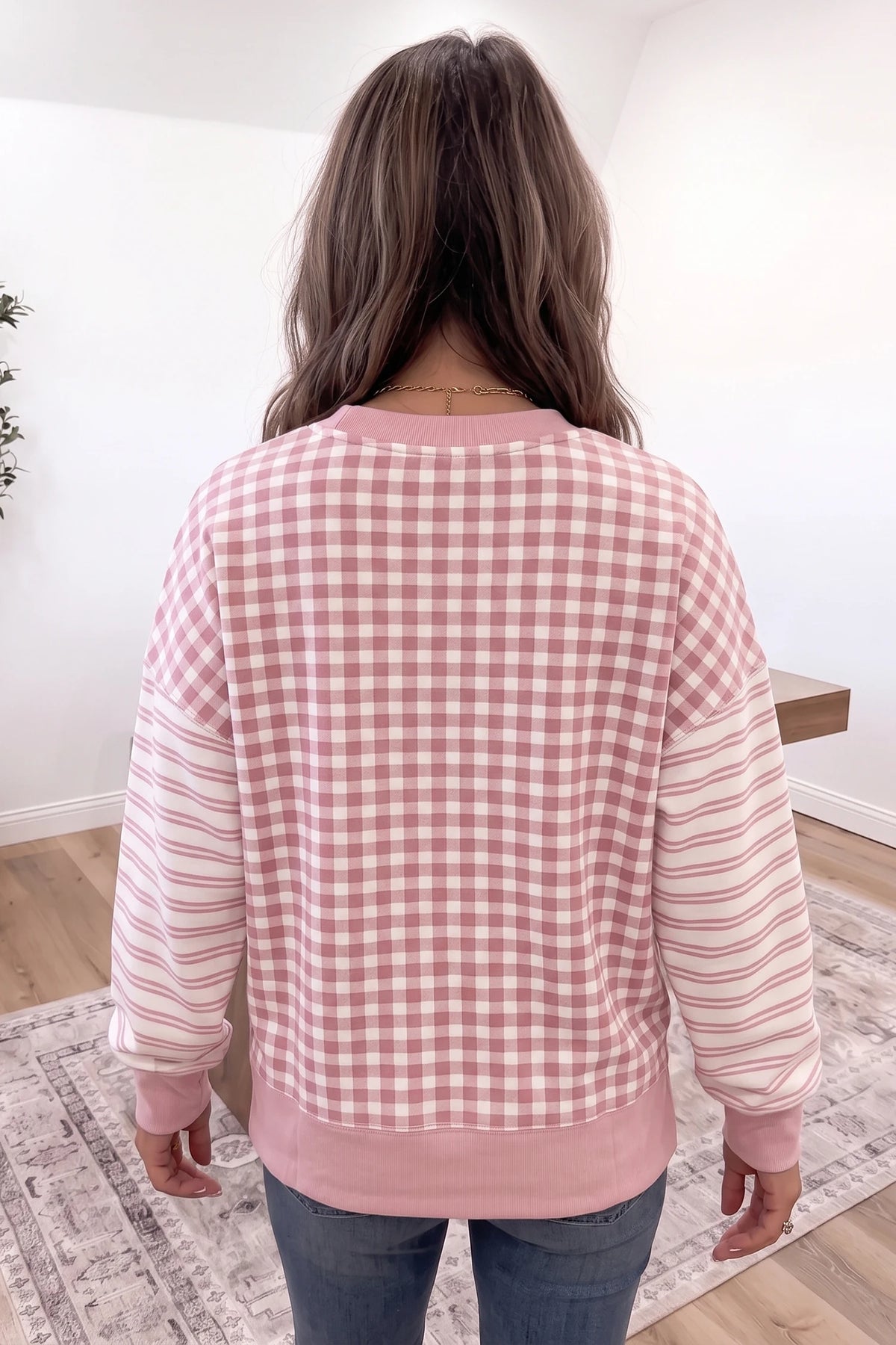 Brown Plaid Striped Patchwork Long Sleeve Casual Top
