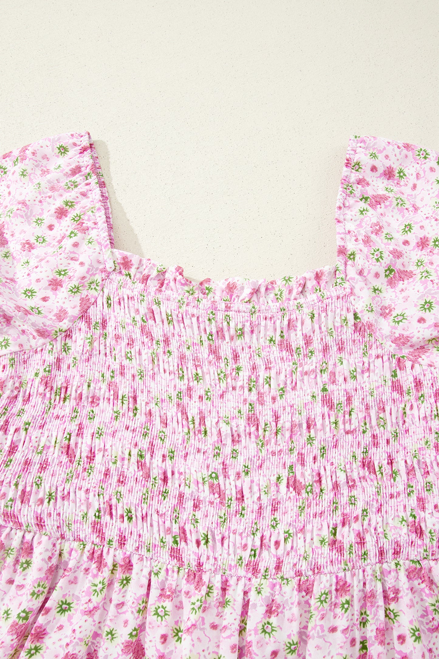 Green Floral Short Bubble Sleeve Shirred High Waist Maxi Dress