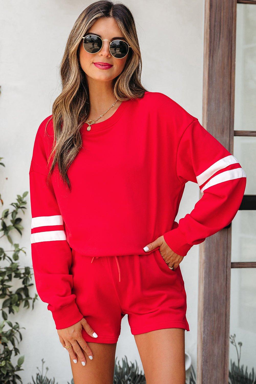 Black Varsity Striped Sleeve Drop Shoulder Sweatshirt and Short Set