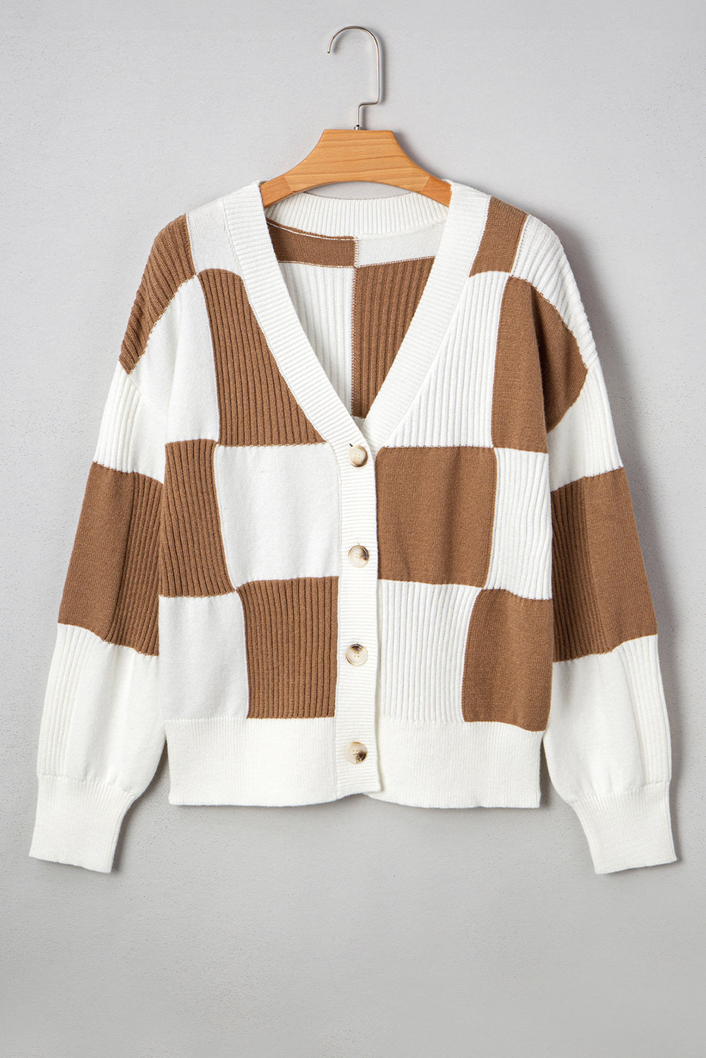 Khaki Checkered Pattern Ribbed Detail Button V Neck Sweater Cardigan