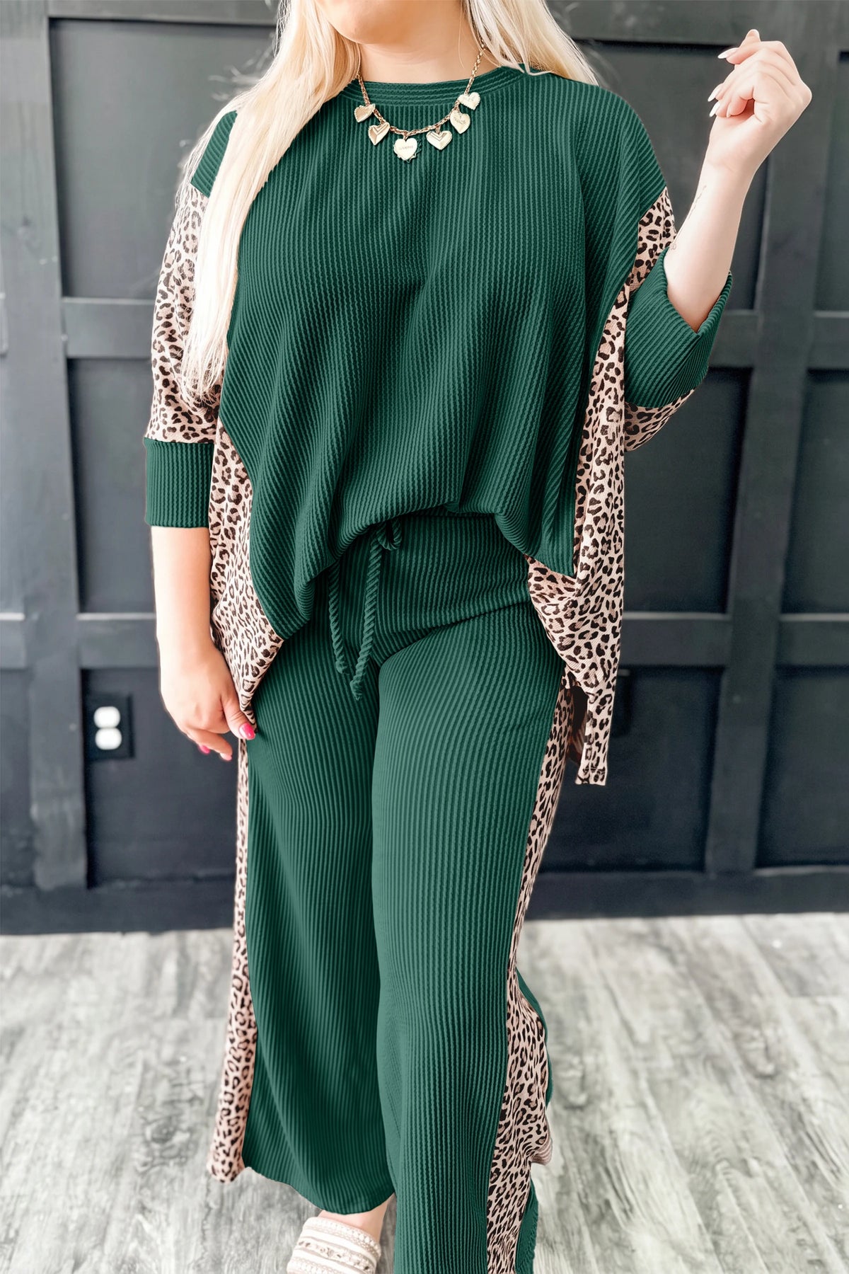 Parchment Leopard Print Twisted Ribbed Patchwork Long Sleeve Top Loose Pant Set