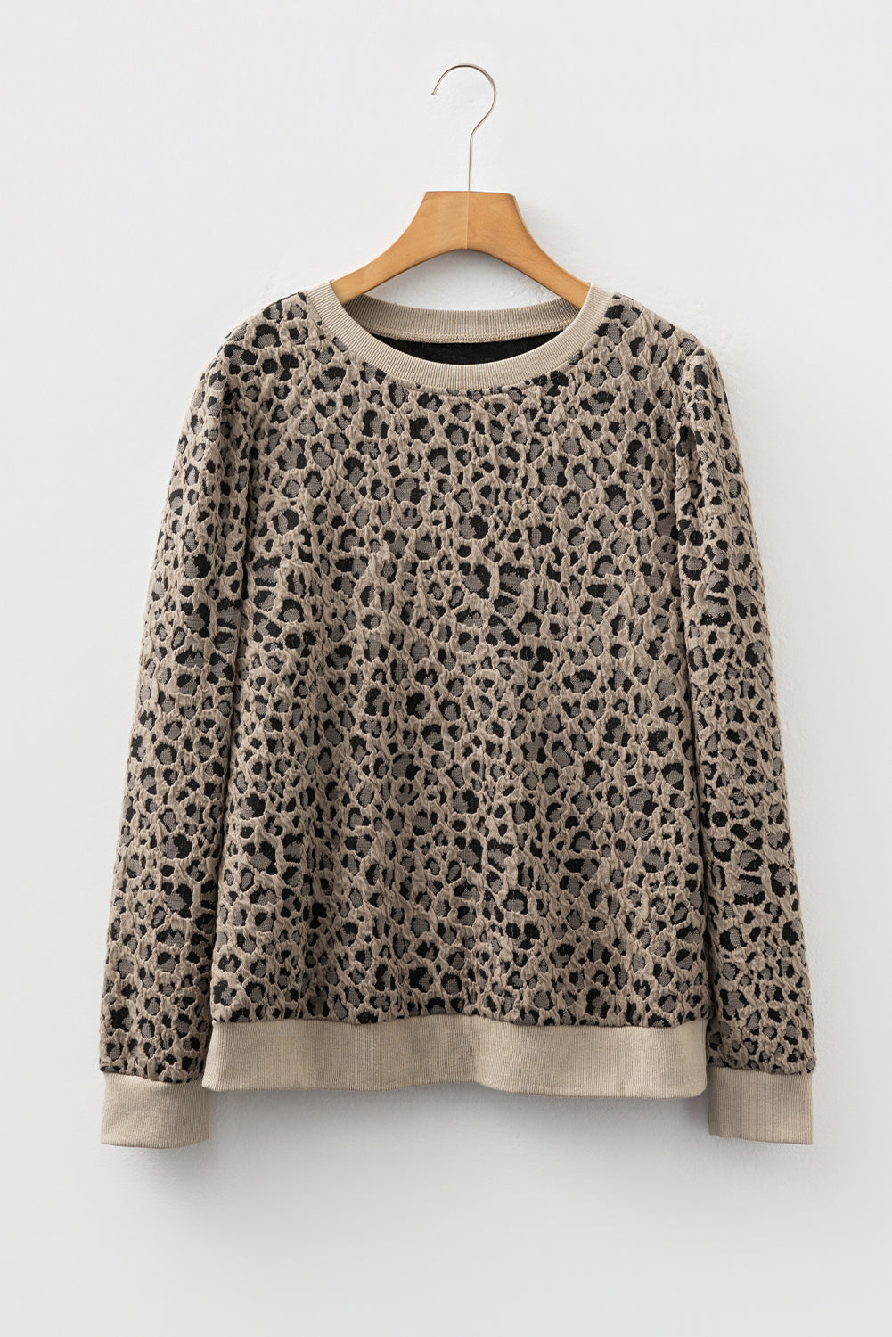 Brown Ribbed Trim Leopard Print Long Sleeve Top