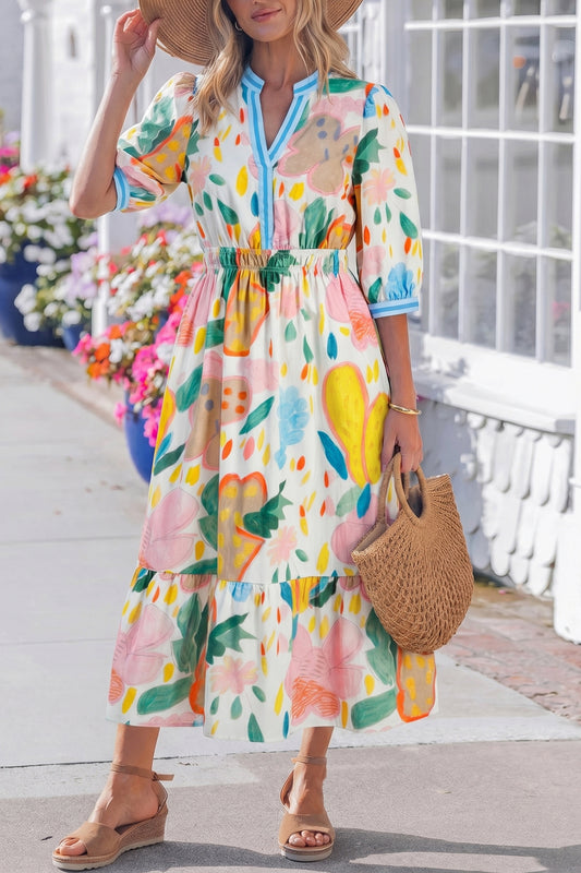 Multicolour Floral Doodle Print Striped Trim V Neck Midi Dress