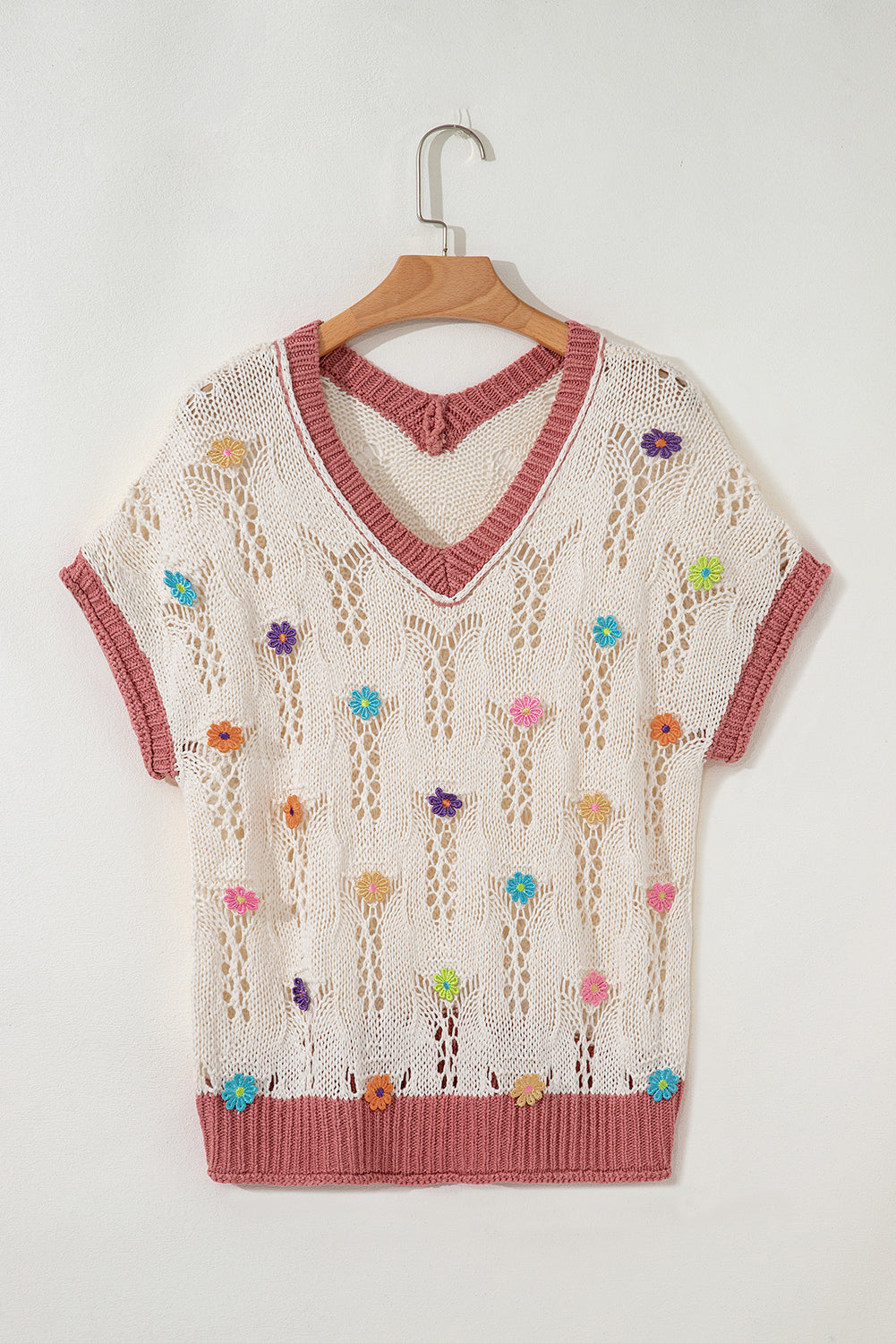 Delicacy Embroidered Flowers Colorblock Edge Hollowed Sweater