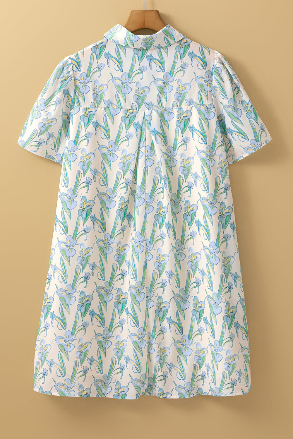 Green Floral Print Shirtcollar Buttoned Short Sleeve Shift Dress