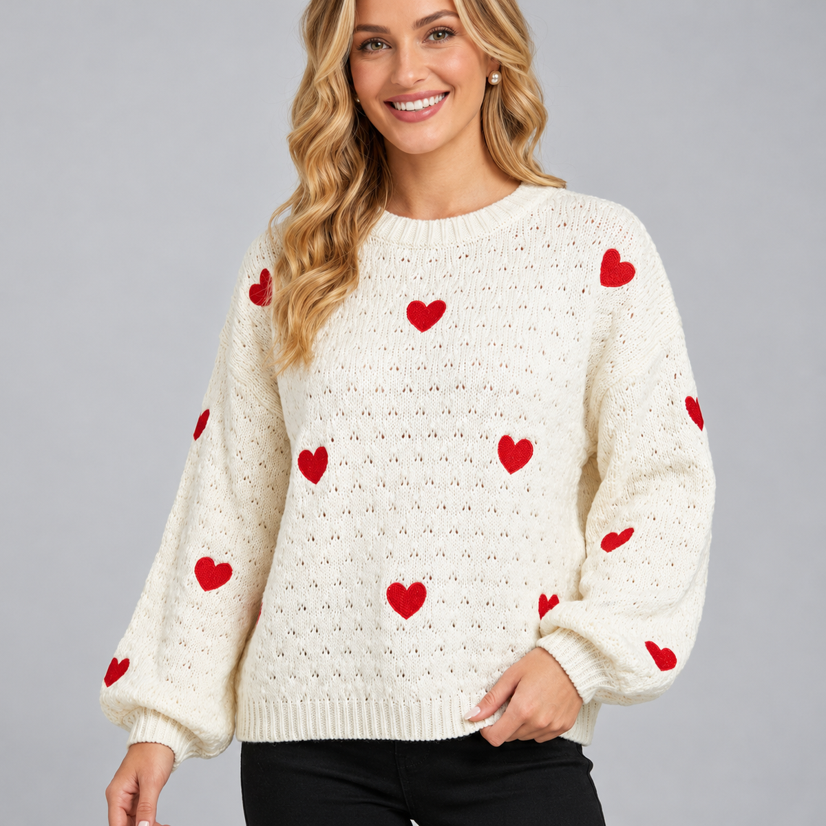 Women's Oversized Heart Cable Knit Crew Neck Sweater