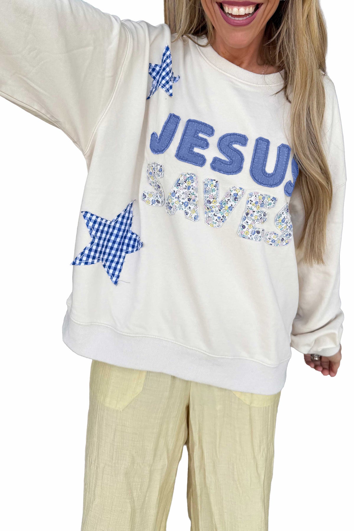 Pink Patchwork Stars Plaid Unique Floral Letters Baggy Sweatshirt
