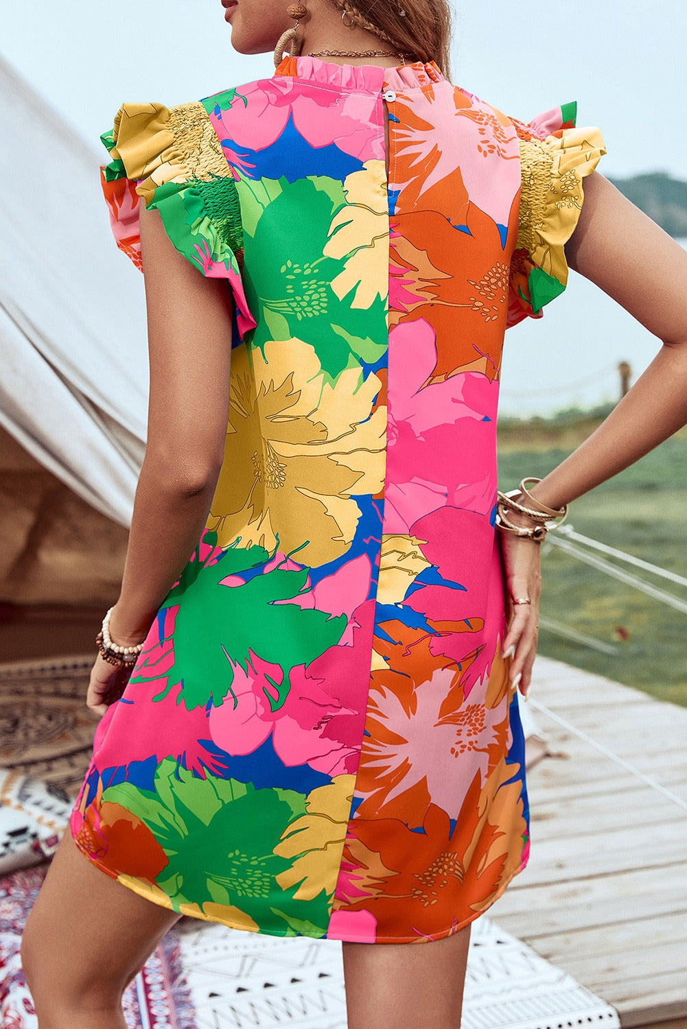 Blue Bold Floral Flutter Sleeve Shift Mini Dress with Pockets