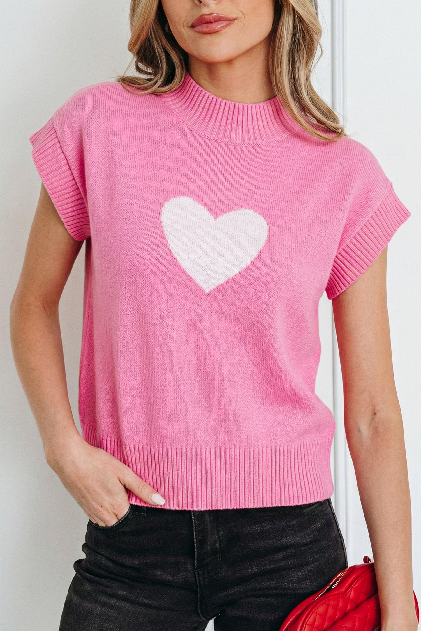 Fiery Red Valentine Heart Graphic Cropped Short Sleeve Sweater