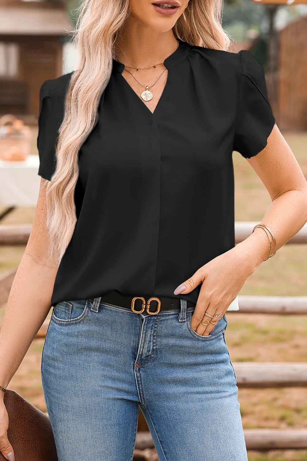 Black Silky Notched Neckline Petal Sleeve Blouse