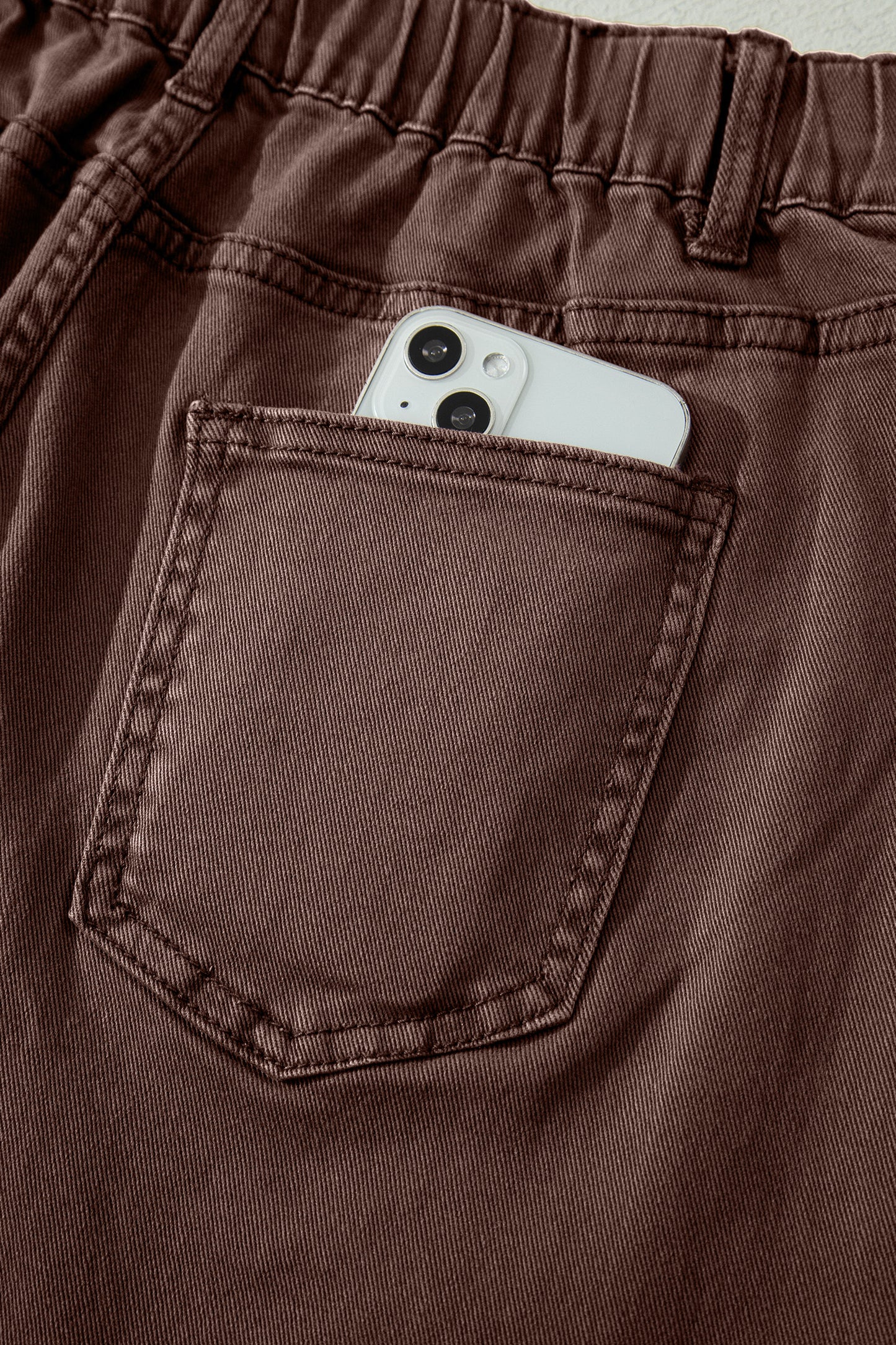 Coffee Solid Color Square Patch Pocket Ankle-length Barrel Jeans