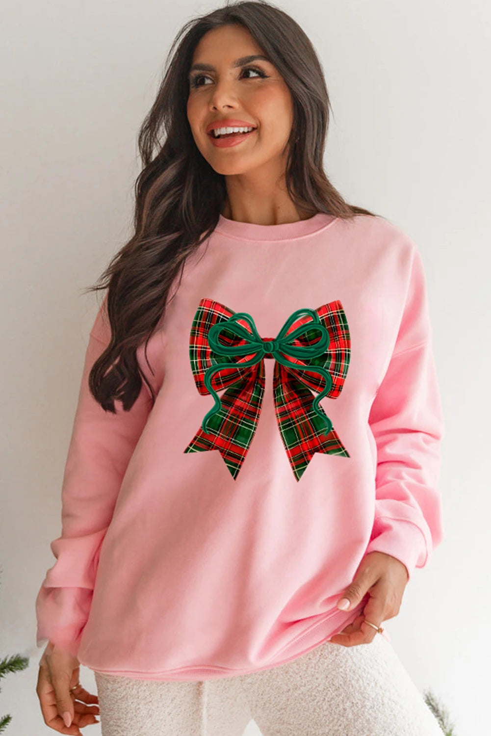 Pink Plaid Bow Christmas Vibe Print Sweatshirt