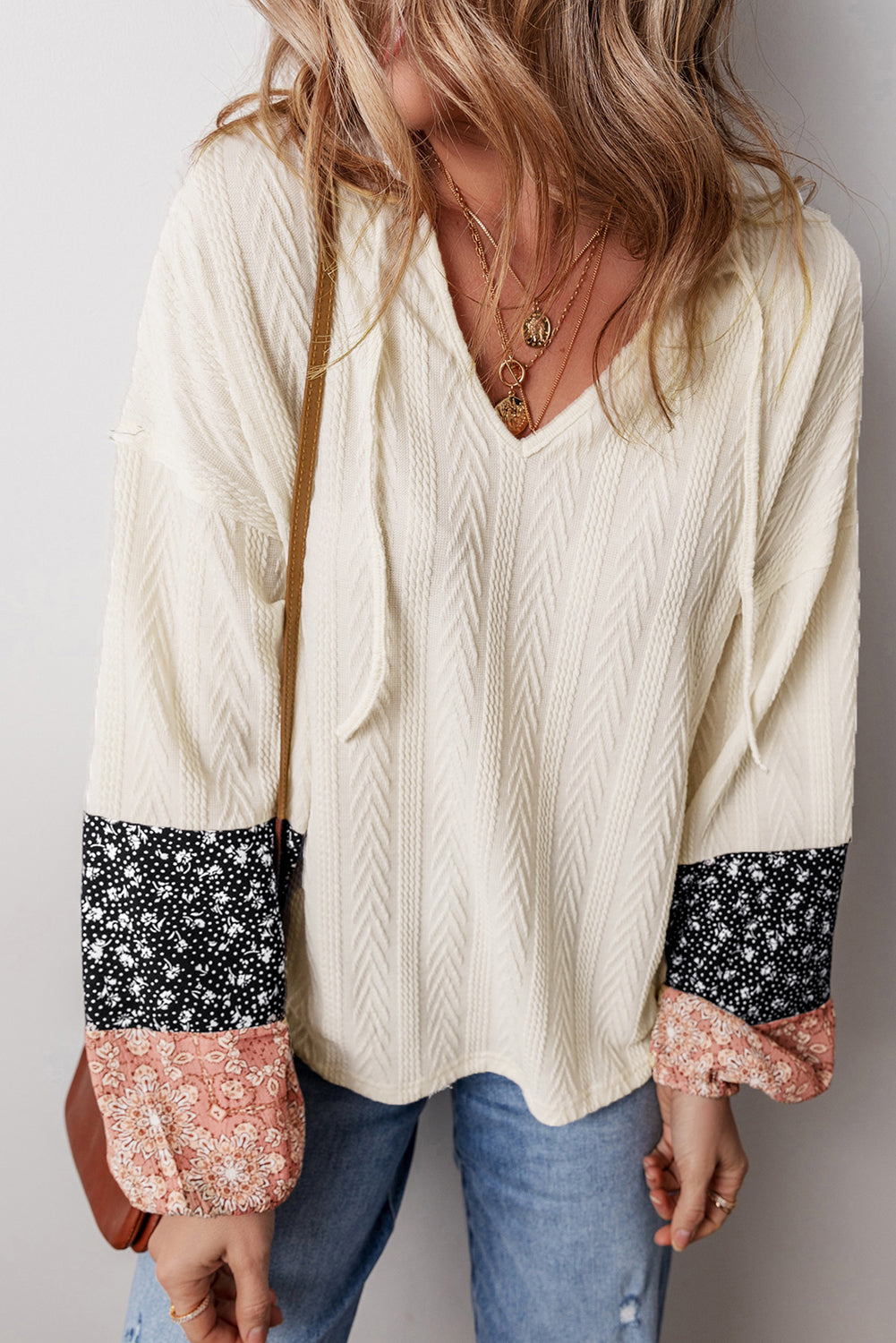 Floral Patchwork Textured Knit Drawstring V Neck Blouse