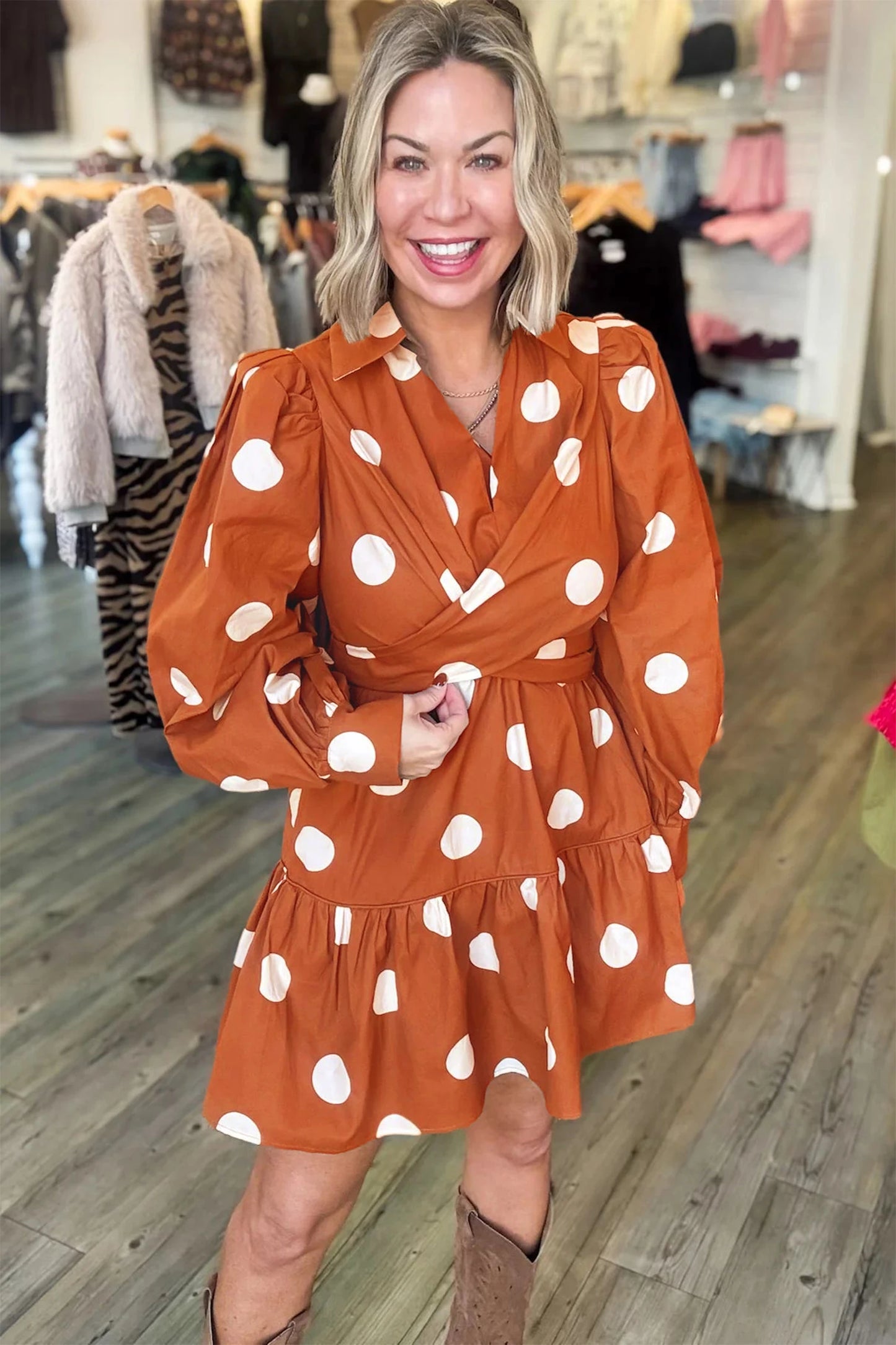 Polka Dot Long Sleeve Tie Waist Casual Shift Mini Dress