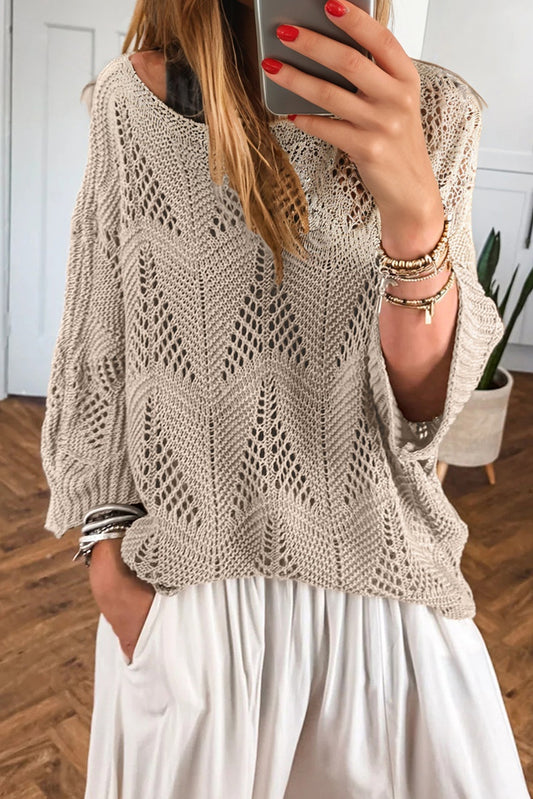 Parchment Hollow Out Knit 7/8 Sleeve Casual Sweater