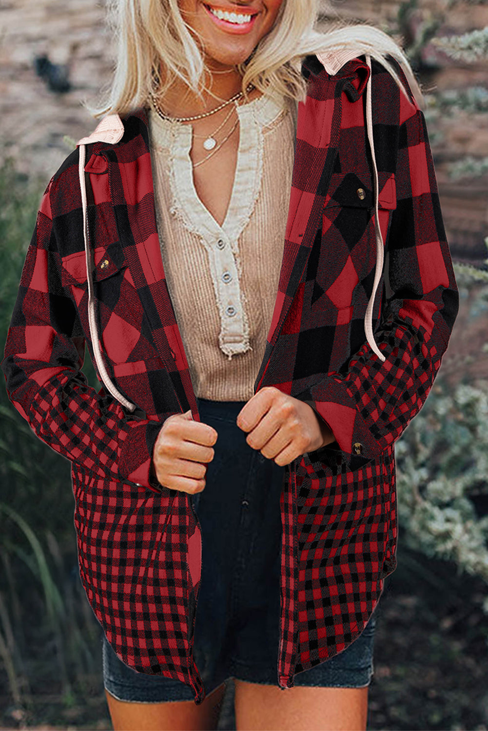 Black Double Plaid Patchwork Drawstring Hooded Shacket