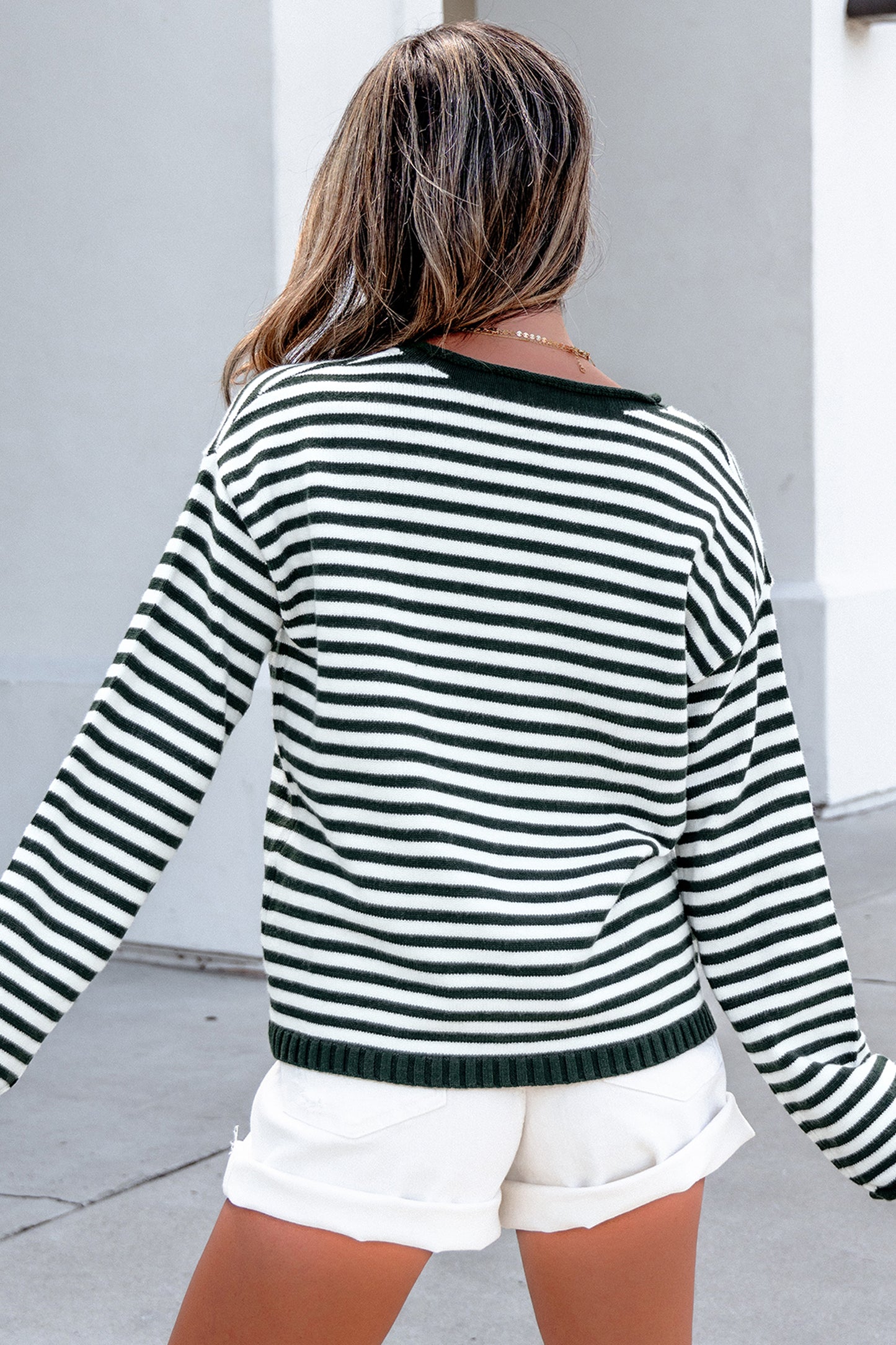 Striped Button Placket Drop Shoulder Long Sleeve Sweater