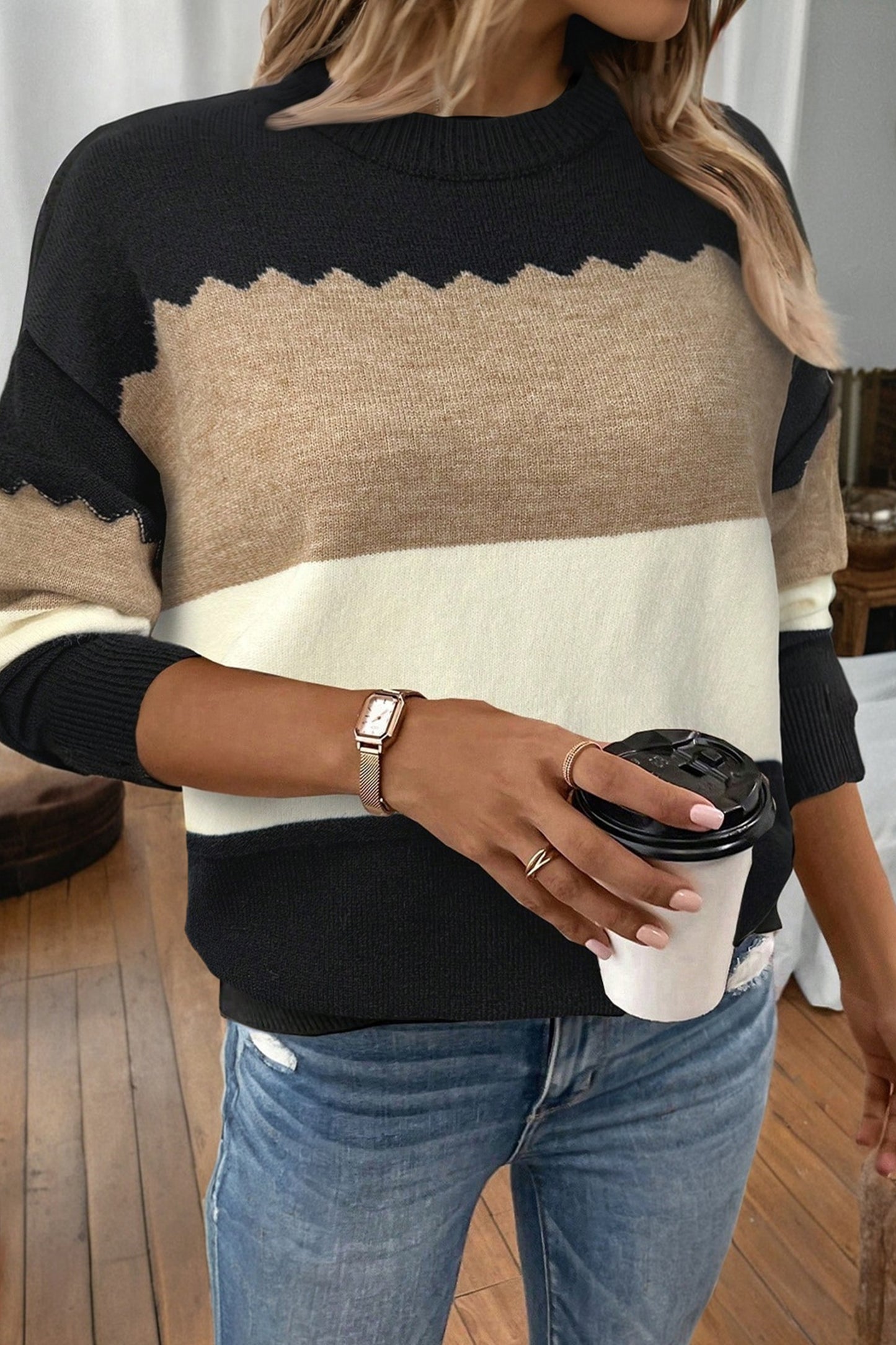 Brown Colorblock Crew Neck Drop Shoulder Sweater