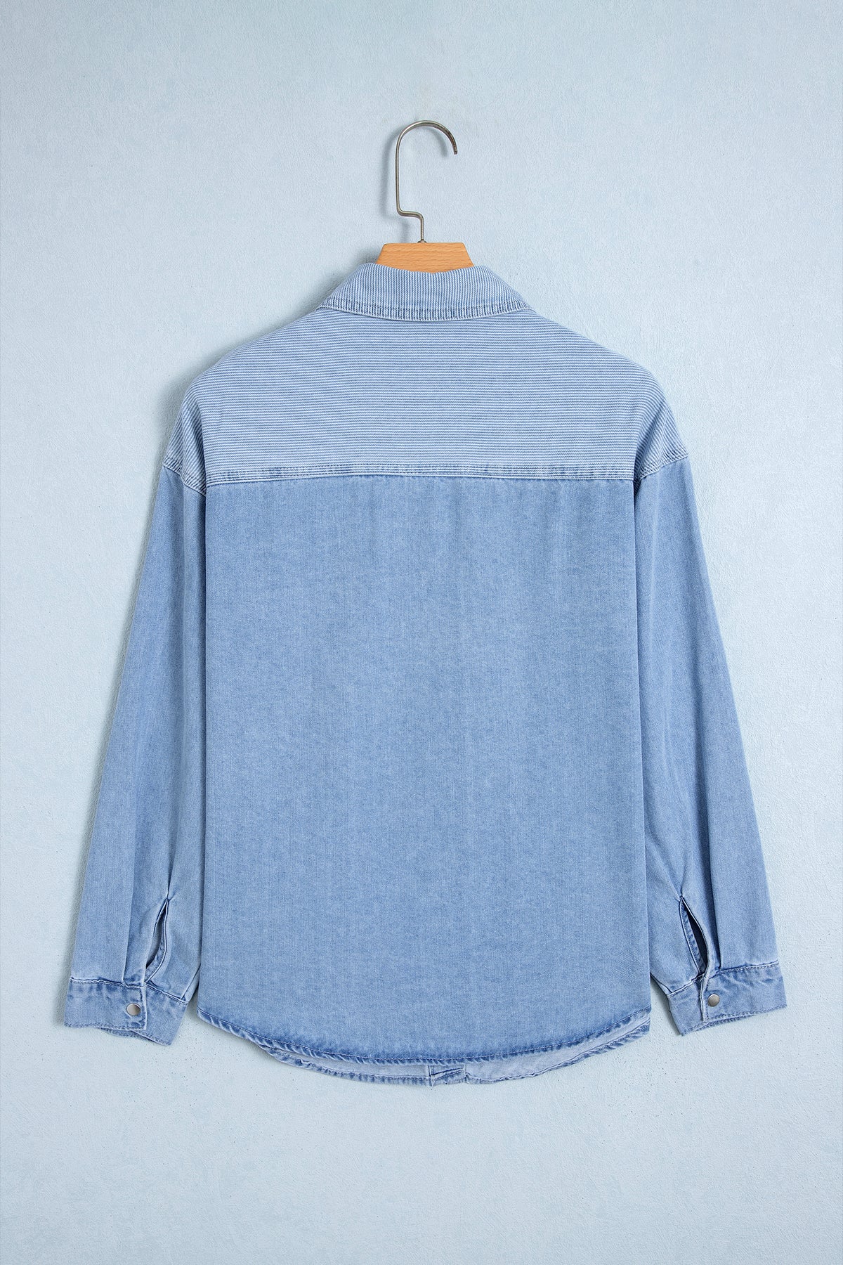 Beau Blue Lightweight Denim Striped Patchwork Button Down Shacket