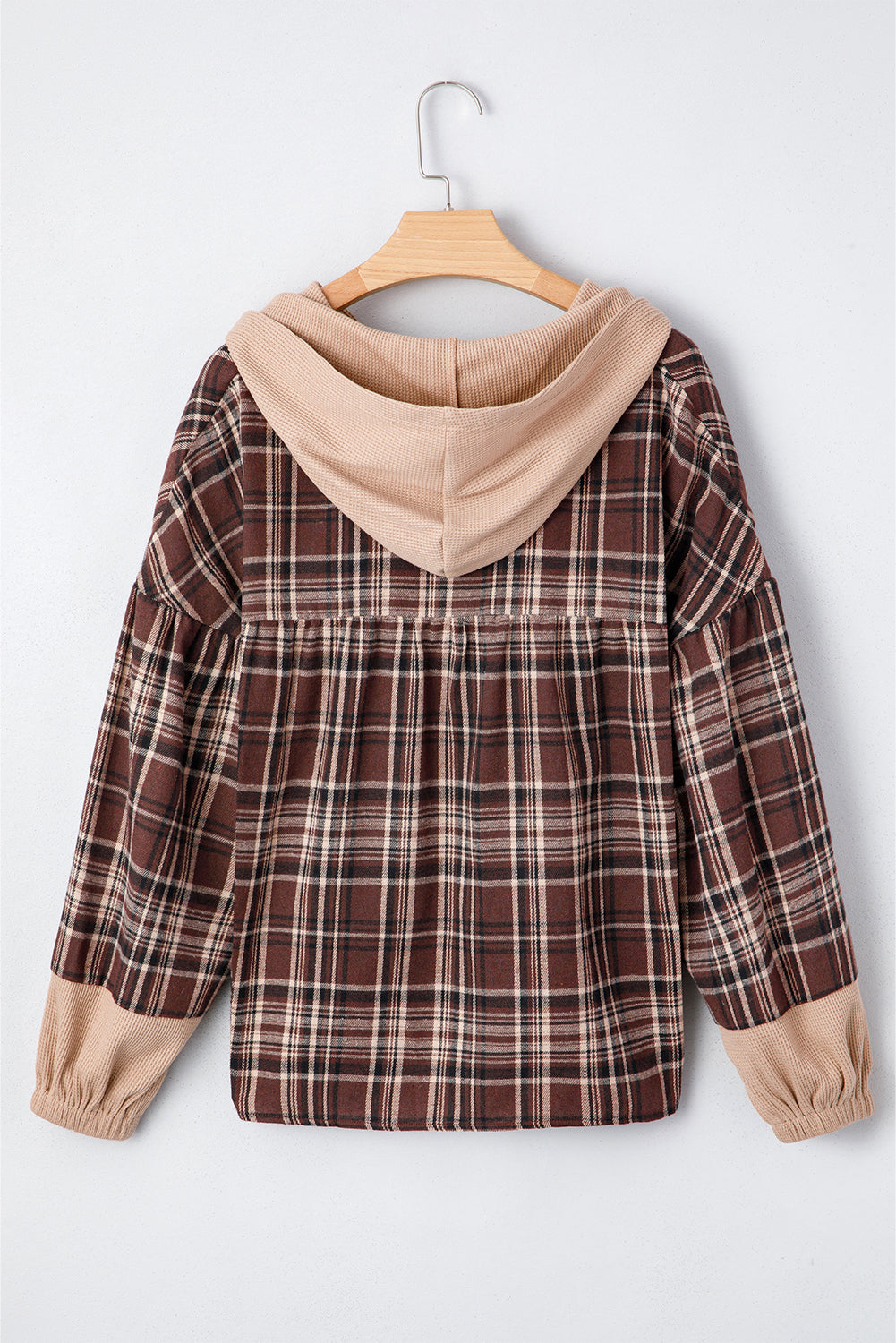 Brown Plaid Patchwork Long Sleeve Button Hooded Blouse